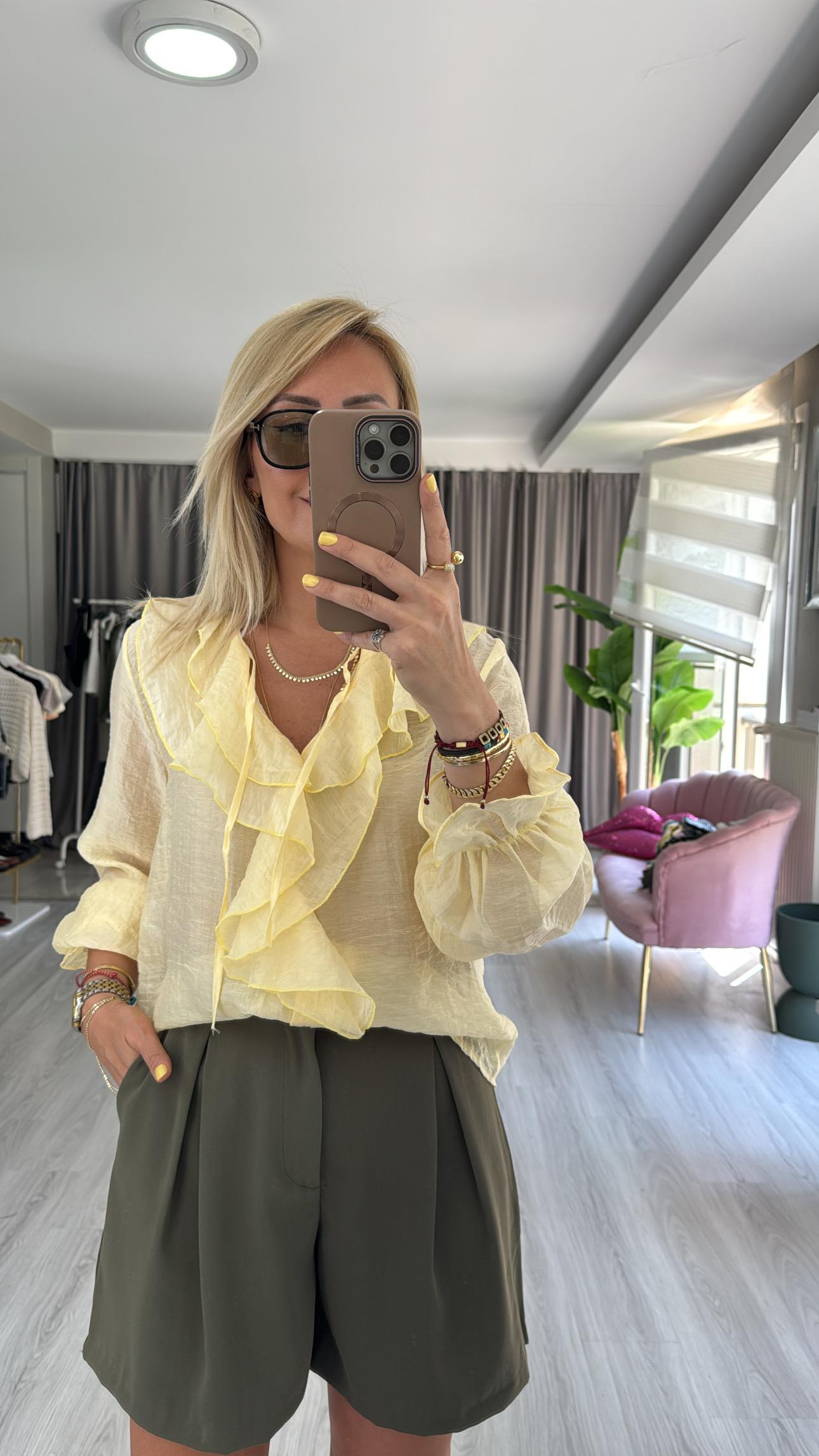 Fırfır Detaylı Sarı Tencel Gömlek