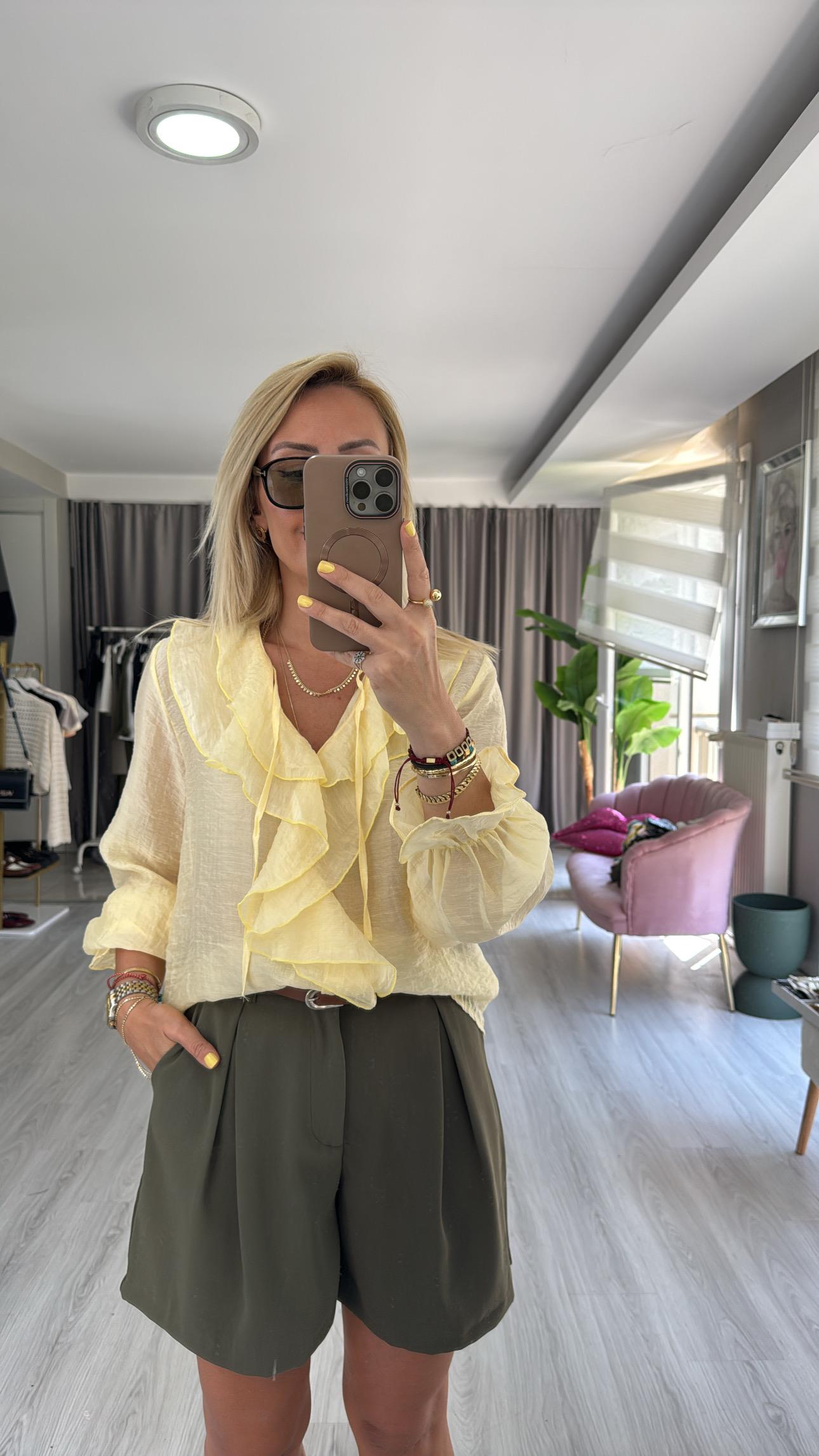 Fırfır Detaylı Sarı Tencel Gömlek