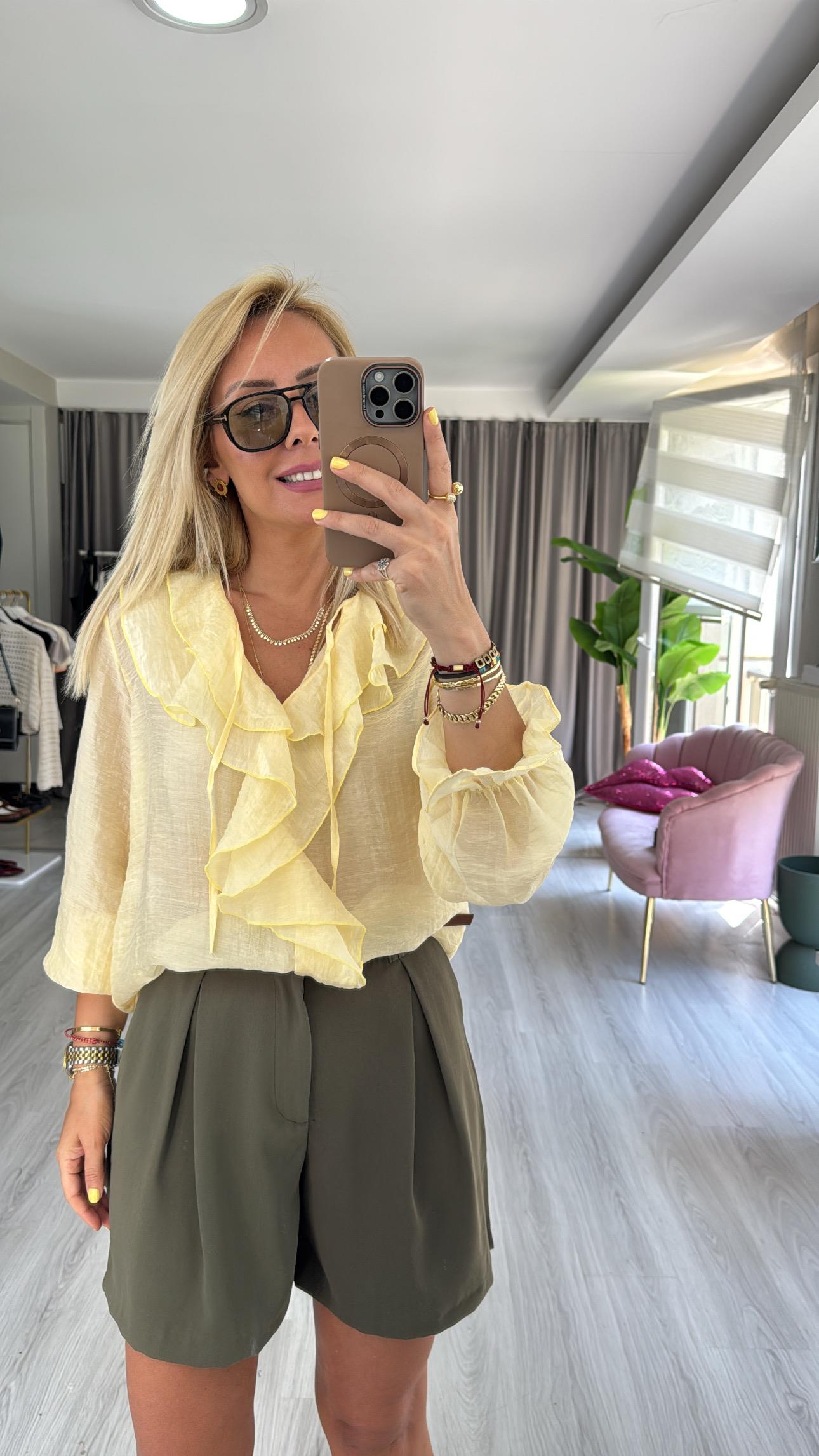 Fırfır Detaylı Sarı Tencel Gömlek