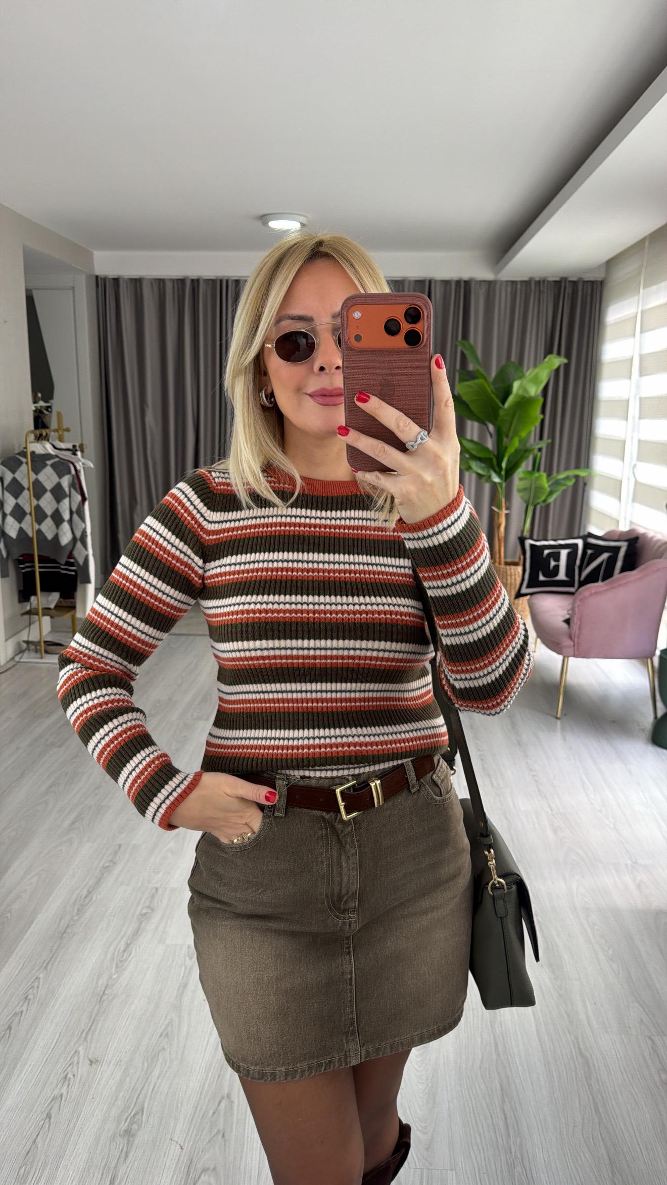 Fitilli Tarçın Haki Çizgili Triko