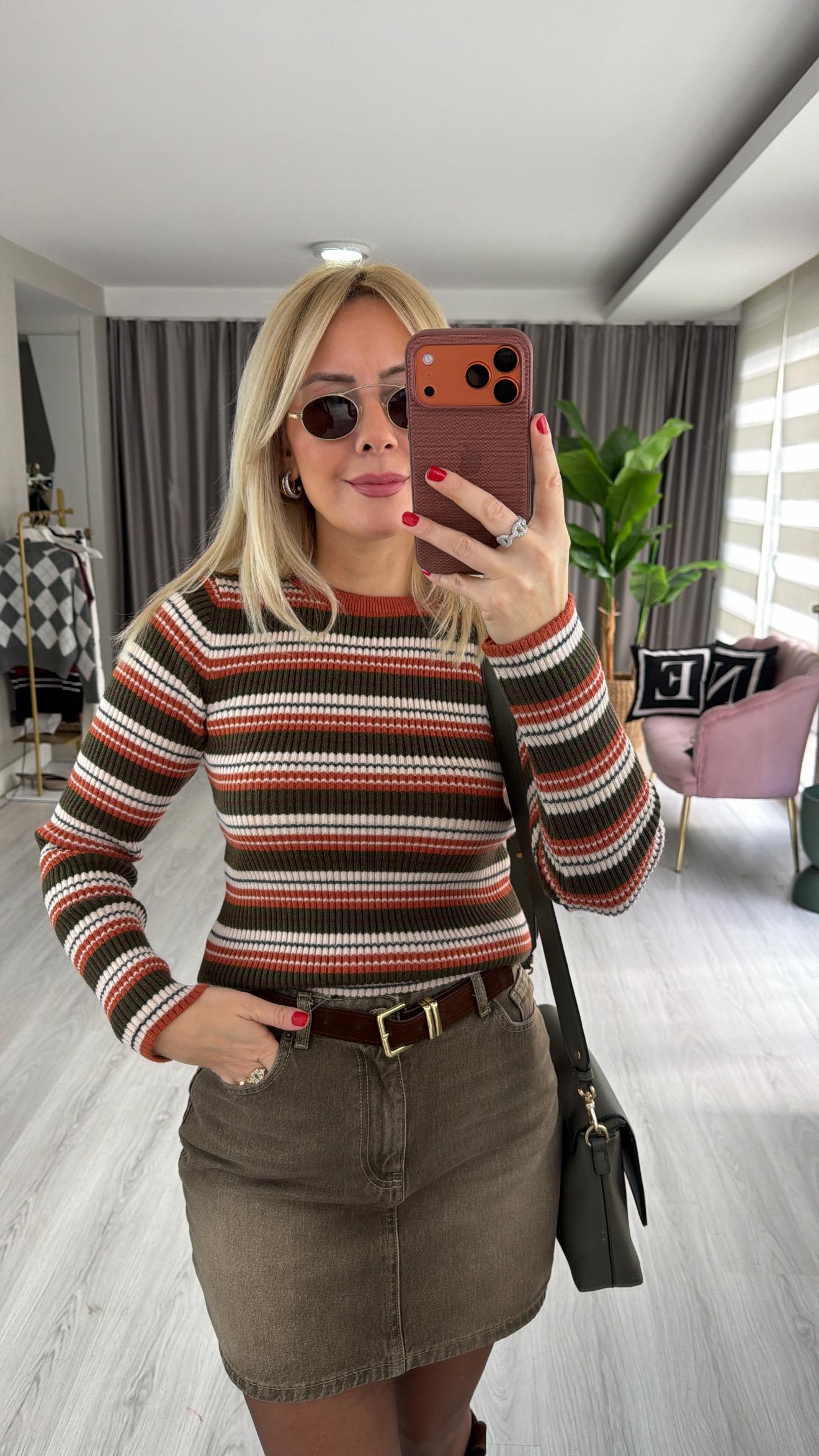 Fitilli Tarçın Haki Çizgili Triko