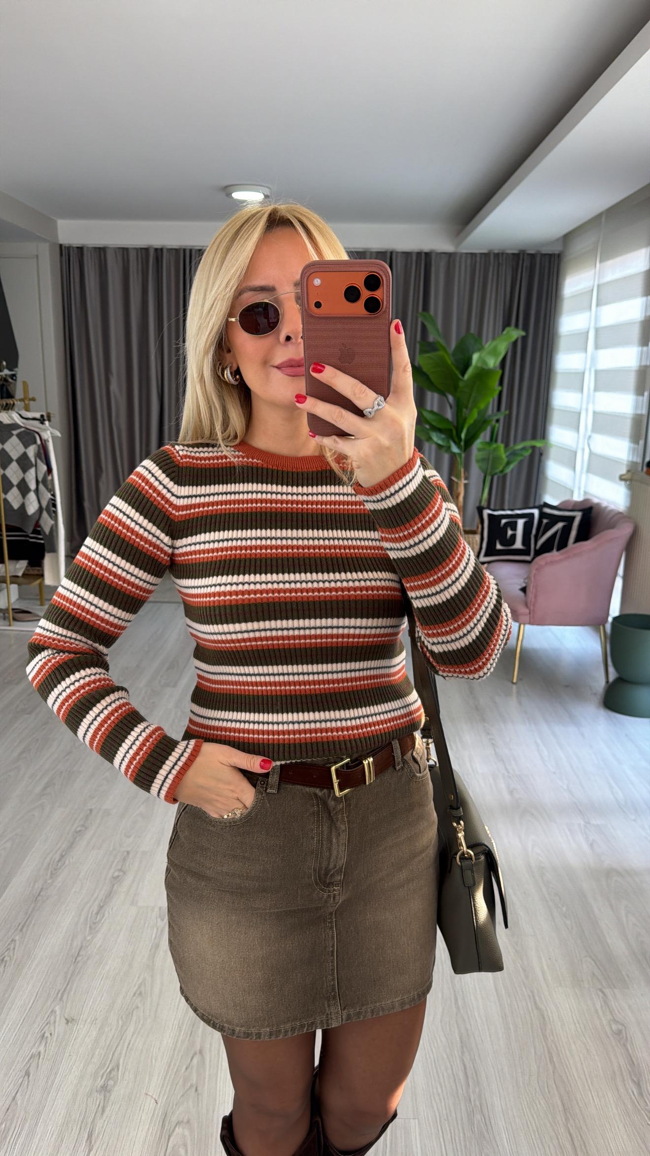 Fitilli Tarçın Haki Çizgili Triko