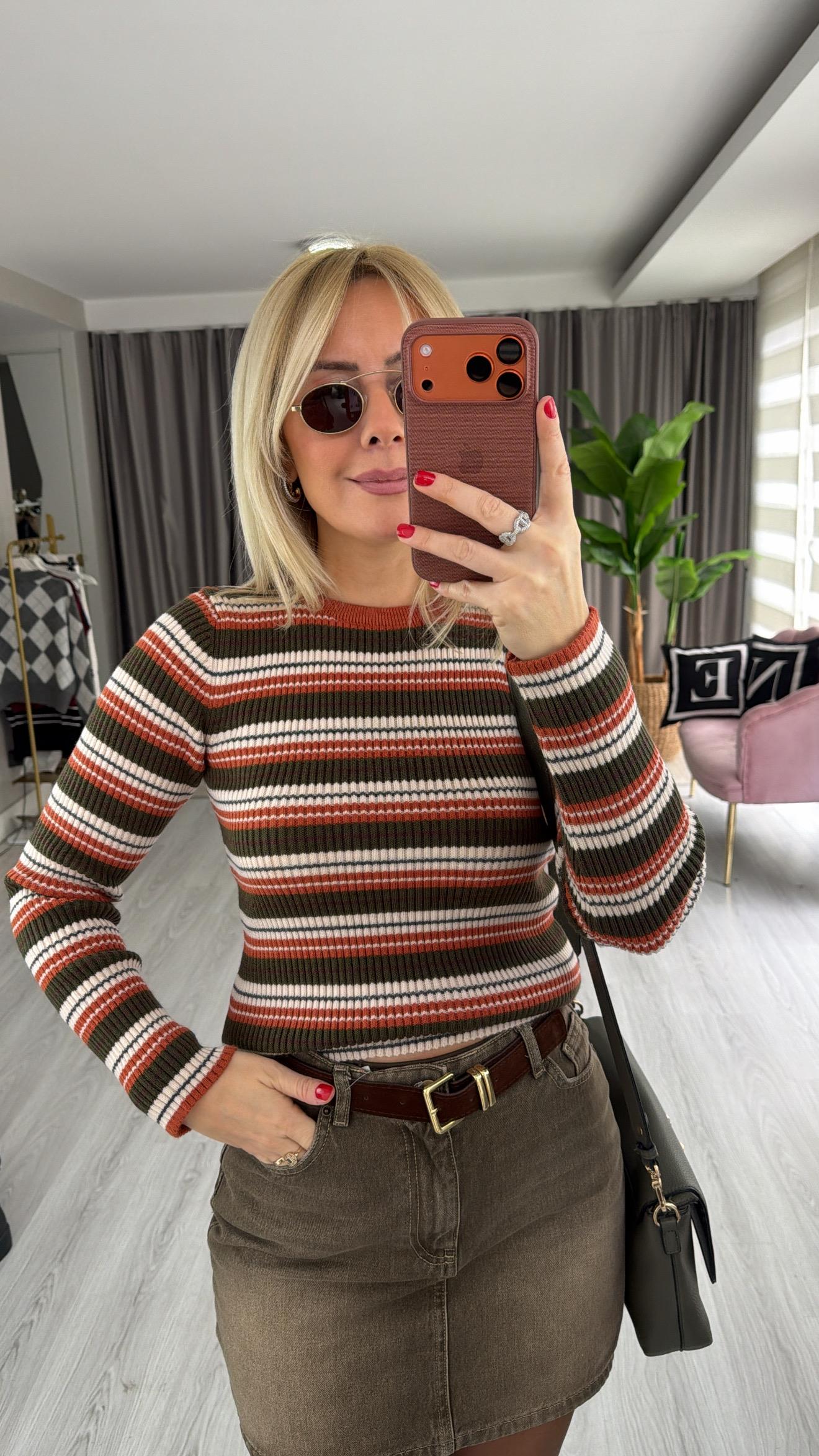 Fitilli Tarçın Haki Çizgili Triko