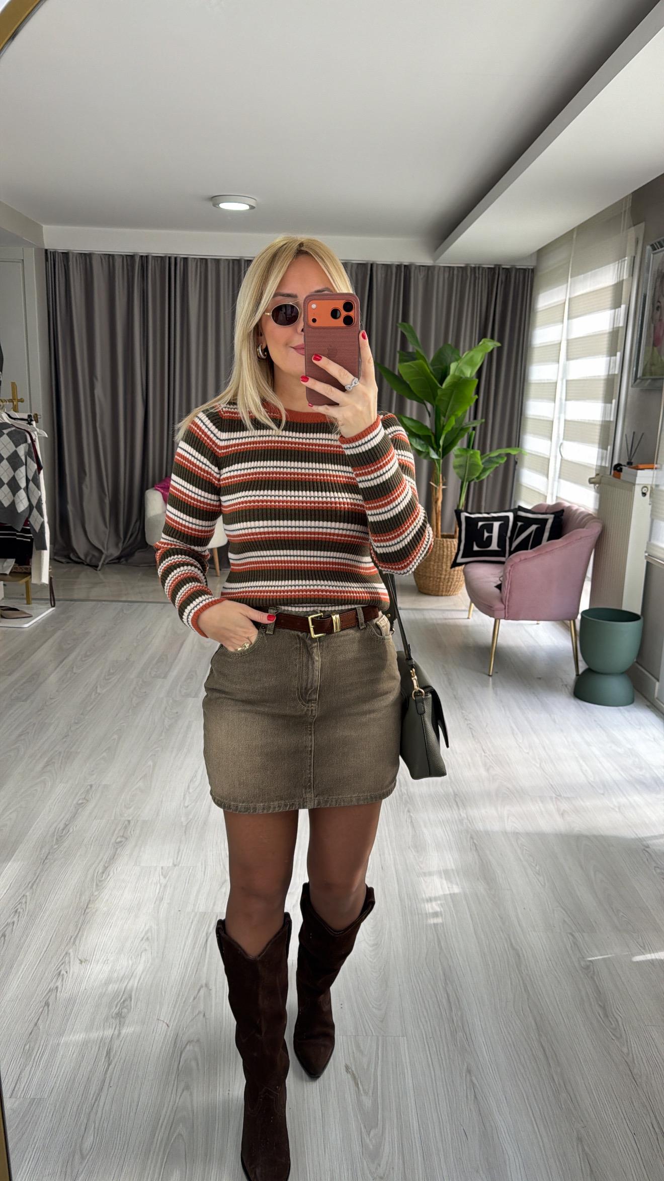 Fitilli Tarçın Haki Çizgili Triko