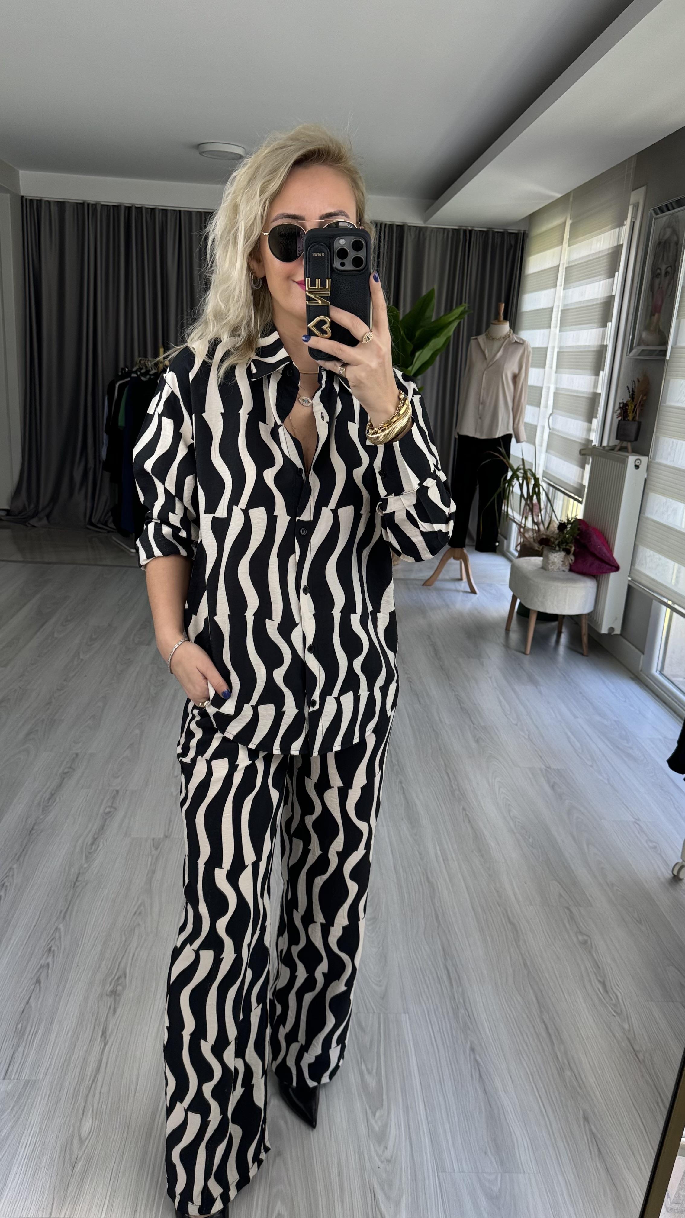 GEOMETRİK DESEN TİRİL KUMAŞ GÖMLEK PANTOLON TAKIM