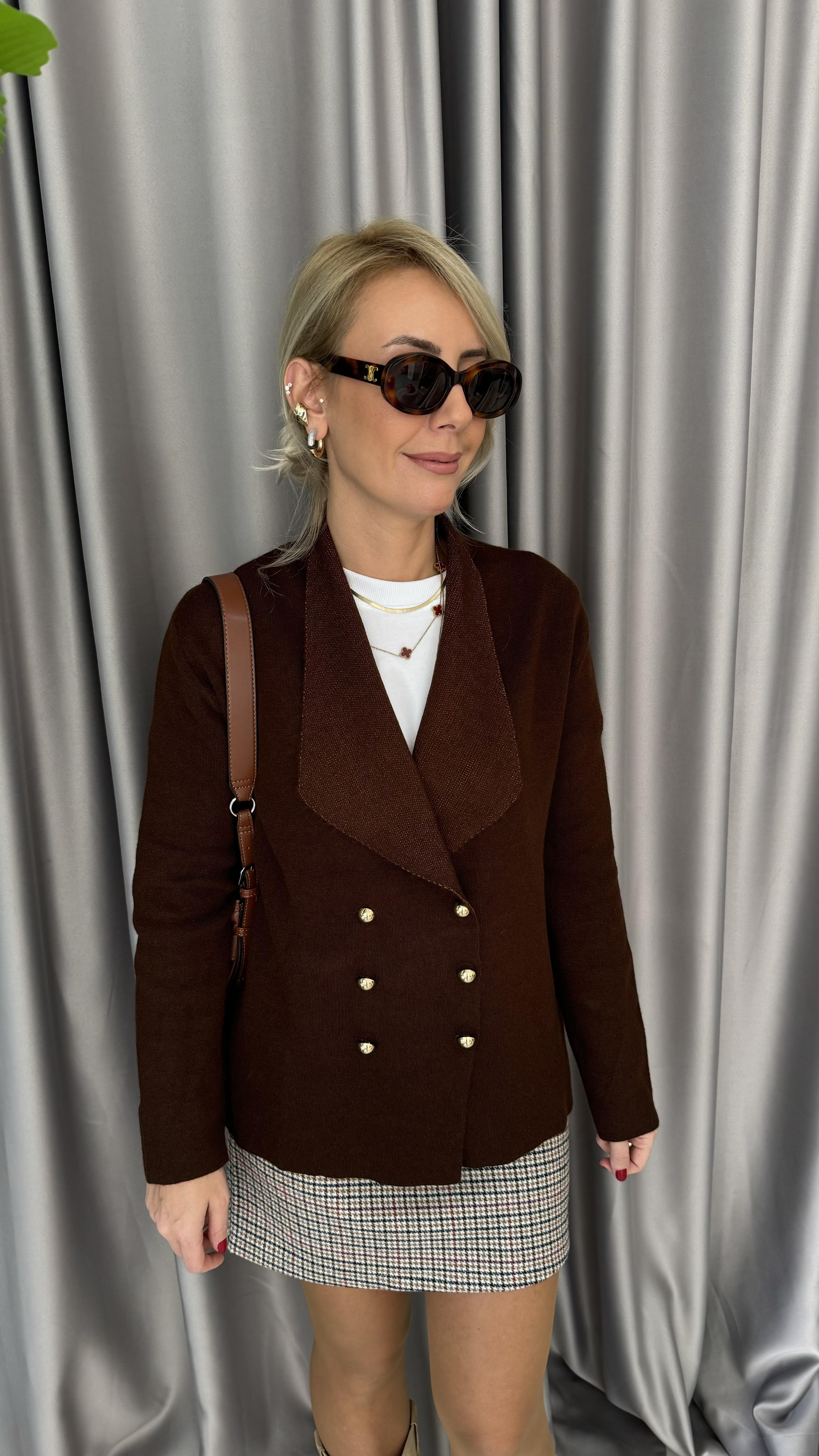 Gold Düğmeli Acı Kahve Triko Ceket