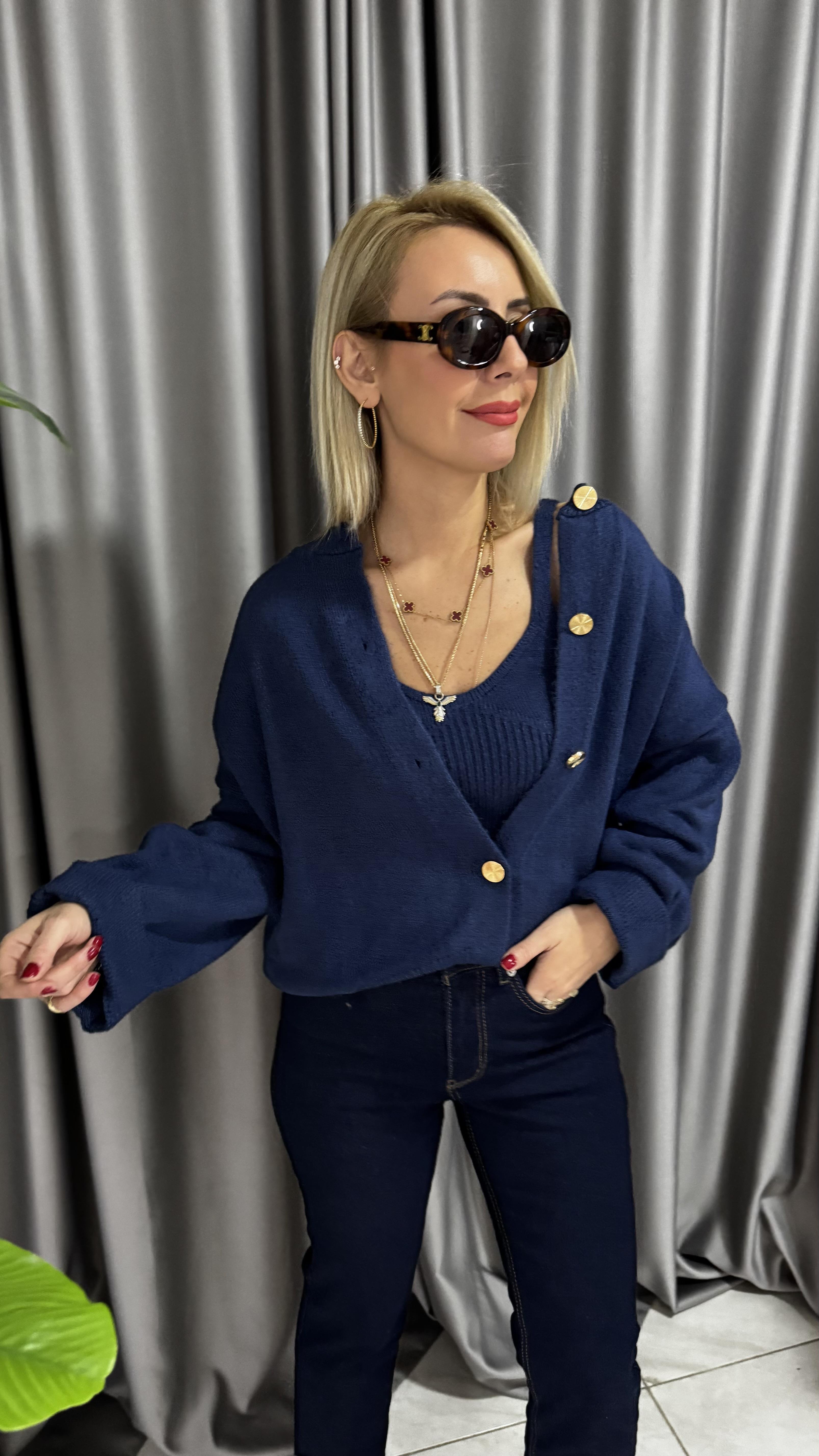 Gold Düğmeli Askılı Bluzlu Lacivert Triko Takım