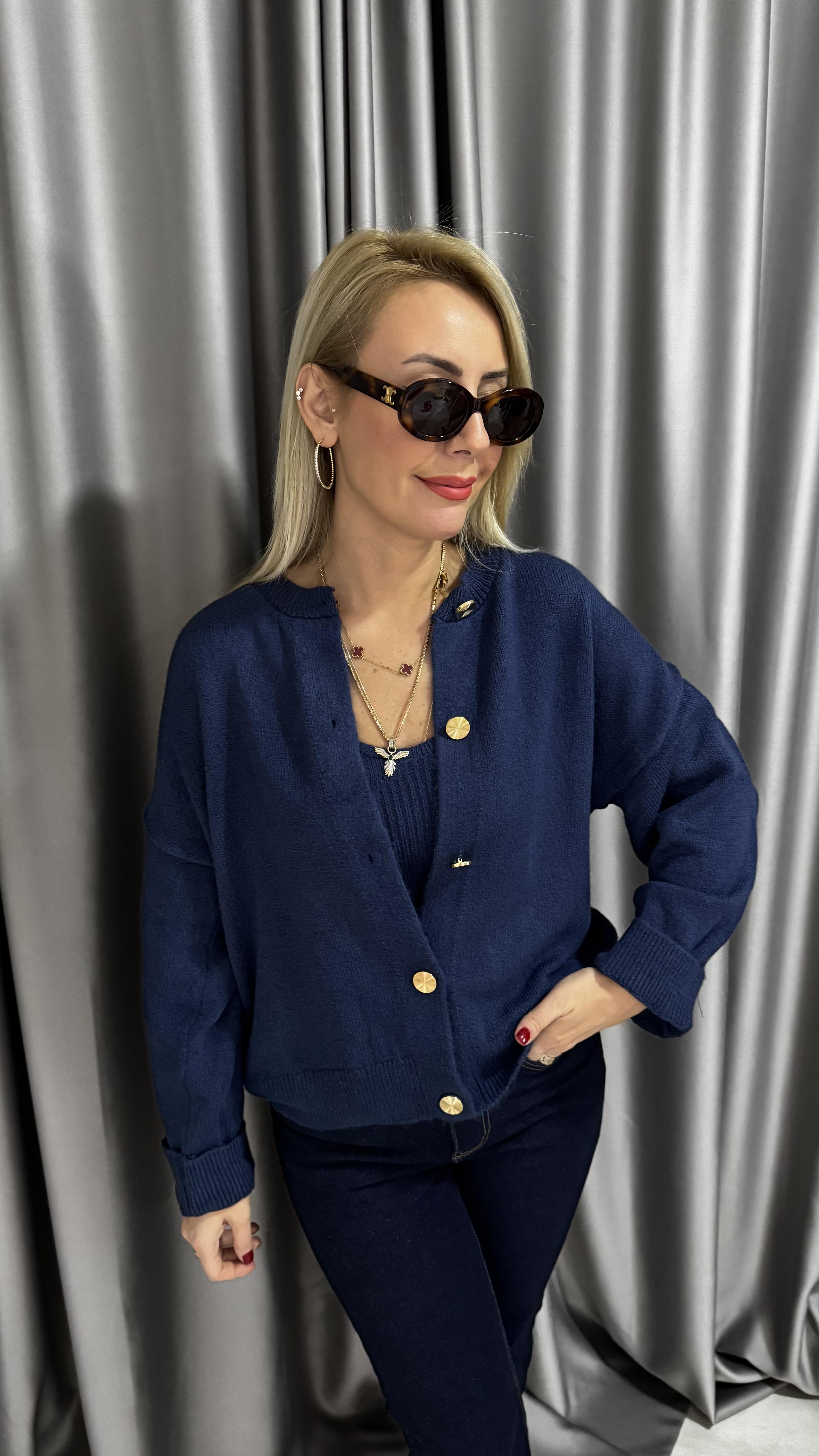 Gold Düğmeli Askılı Bluzlu Lacivert Triko Takım