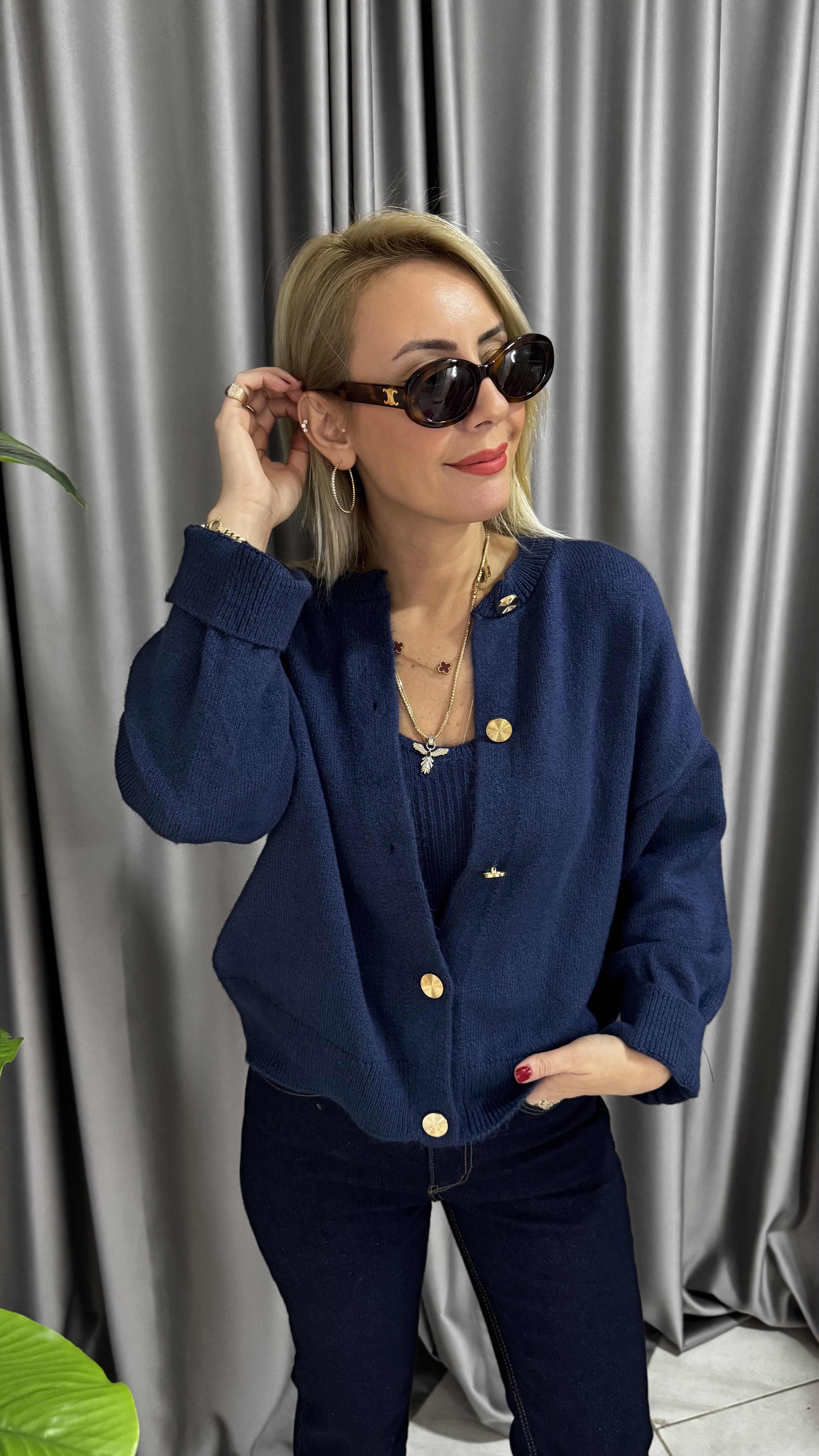 Gold Düğmeli Askılı Bluzlu Lacivert Triko Takım