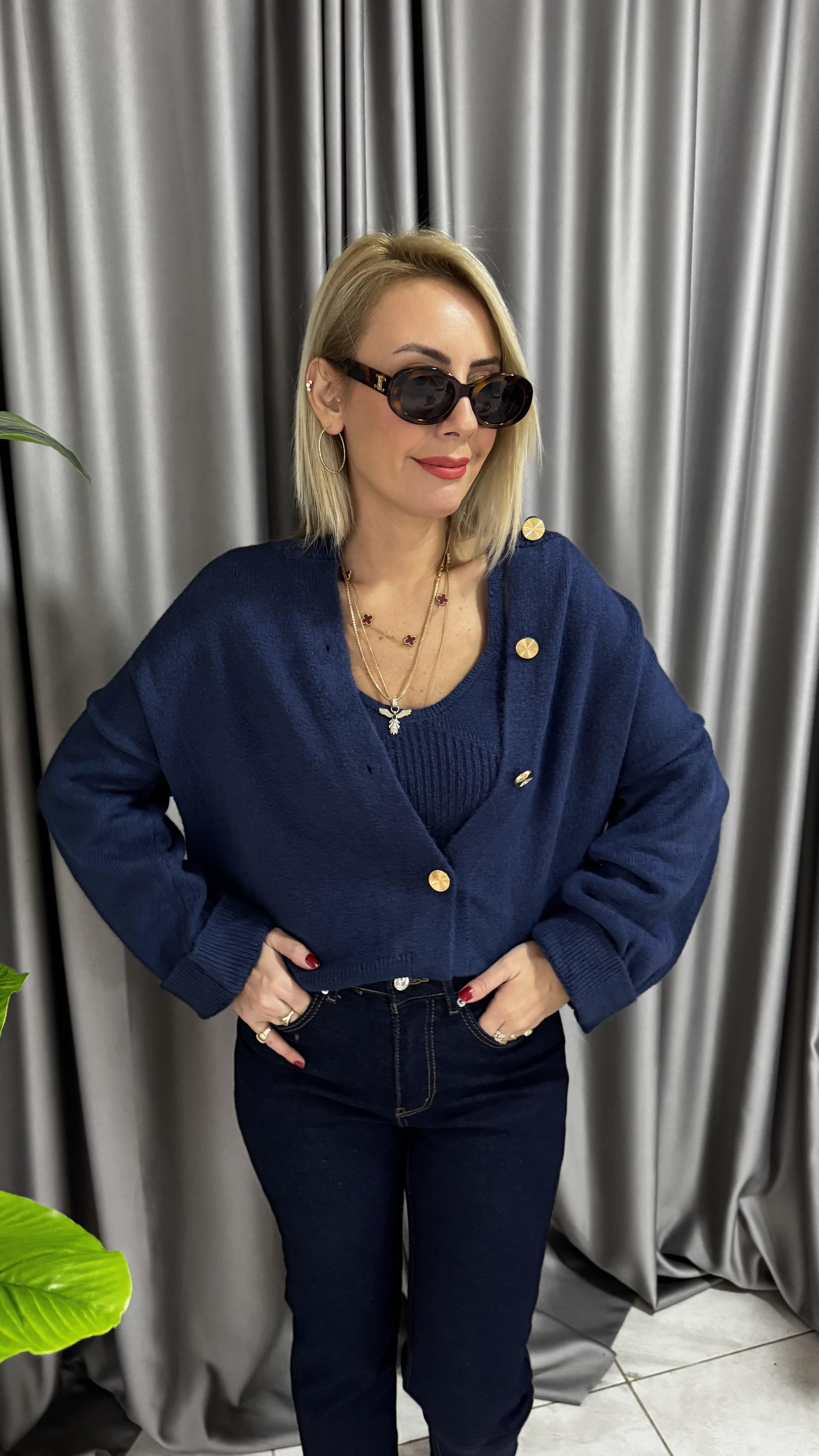 Gold Düğmeli Askılı Bluzlu Lacivert Triko Takım