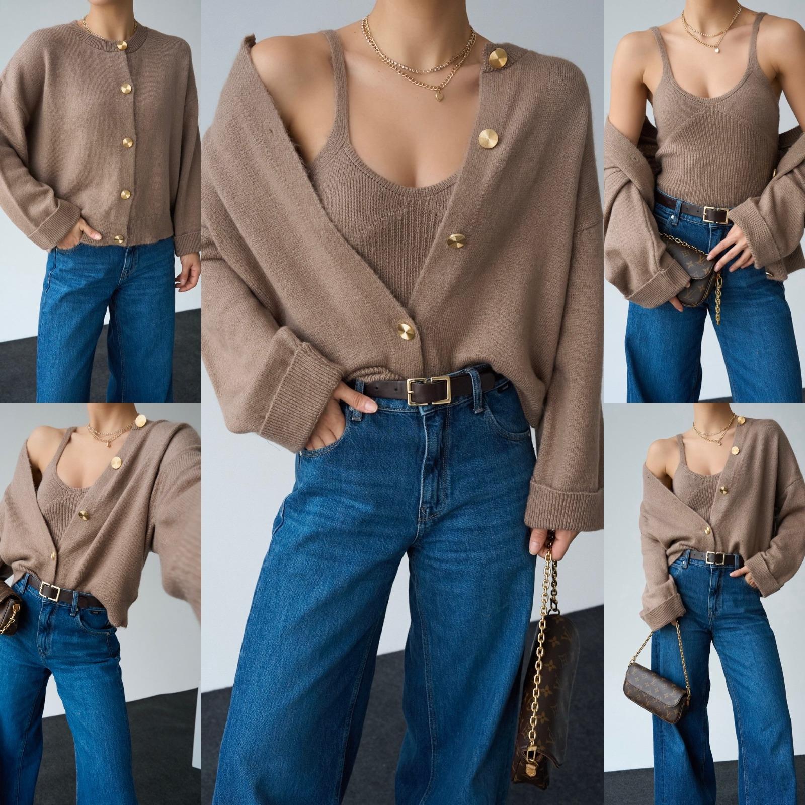 Gold Düğmeli Askılı Bluzlu Vizon Triko Takım