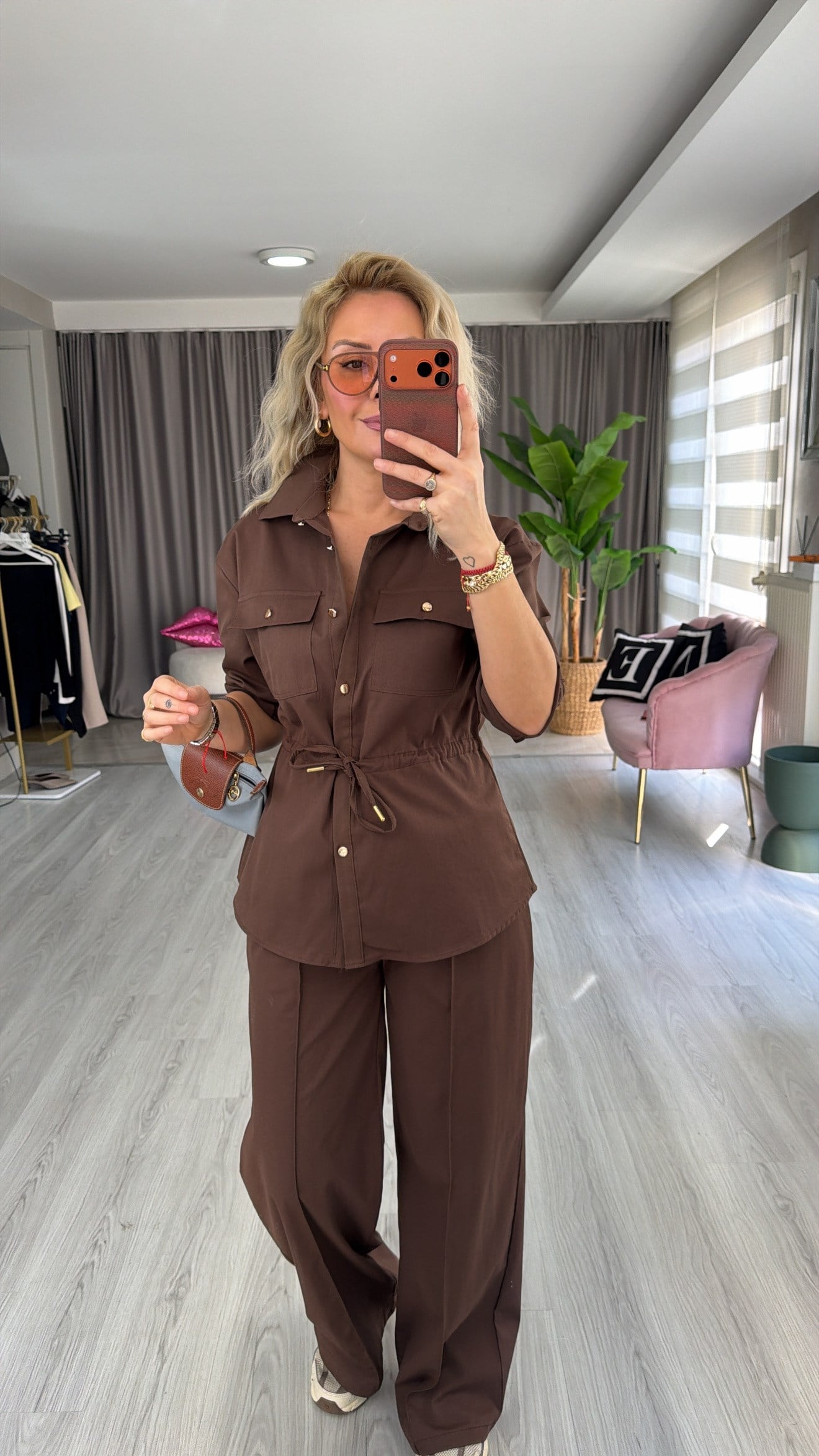 Gold Düğmeli Beli Ayarlanabilir Tencel Kahverengi Takım