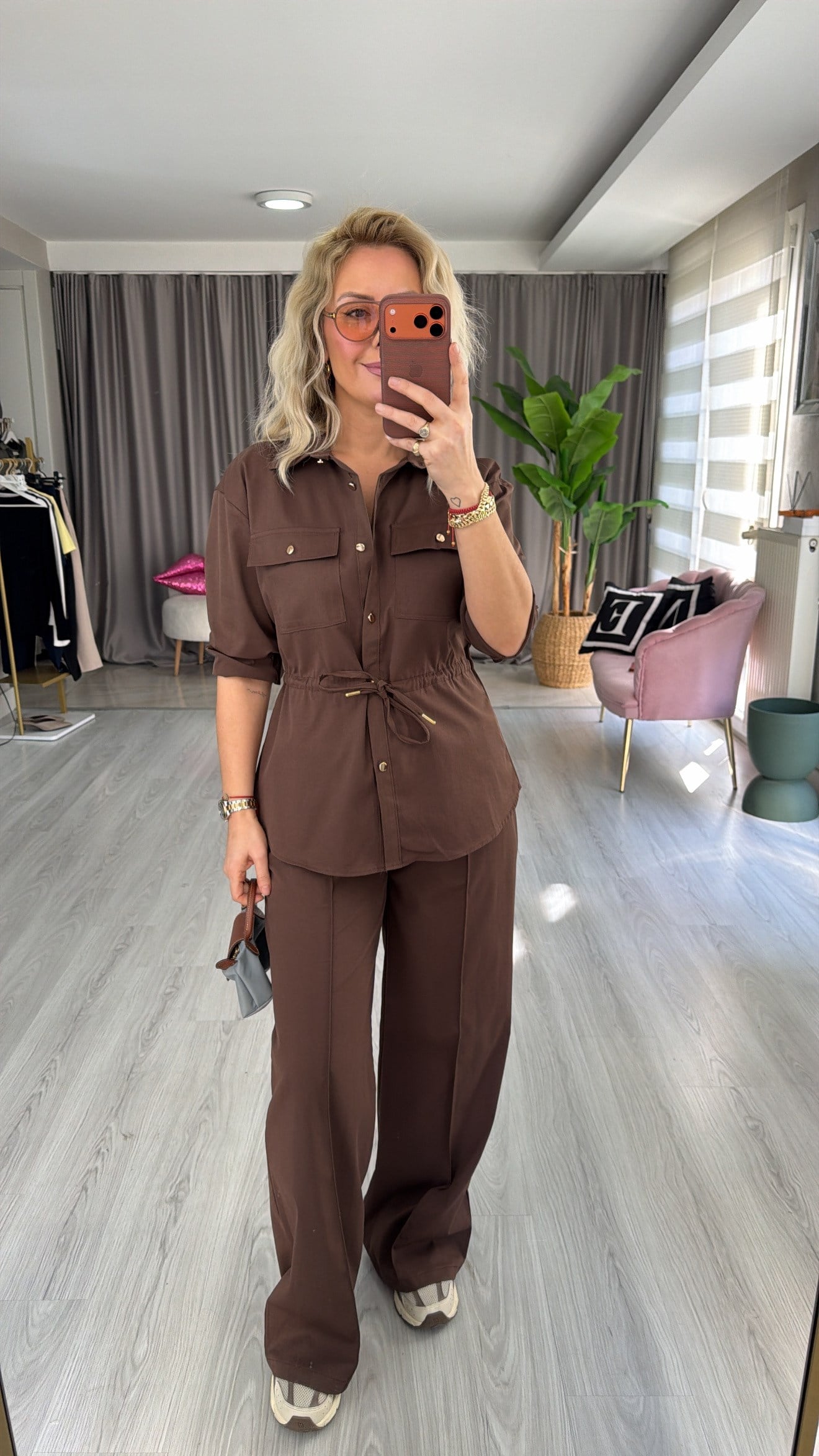 Gold Düğmeli Beli Ayarlanabilir Tencel Kahverengi Takım