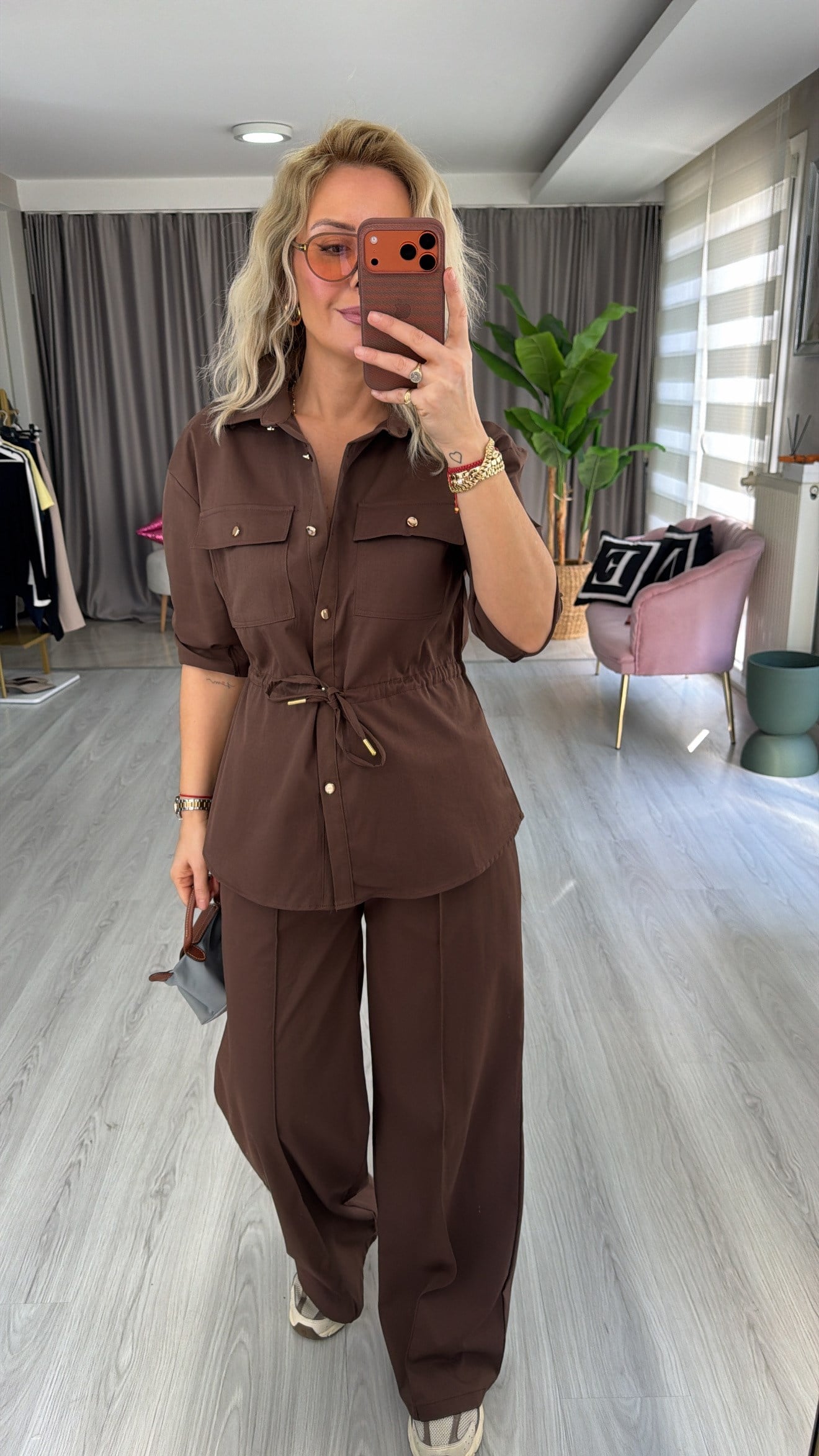 Gold Düğmeli Beli Ayarlanabilir Tencel Kahverengi Takım