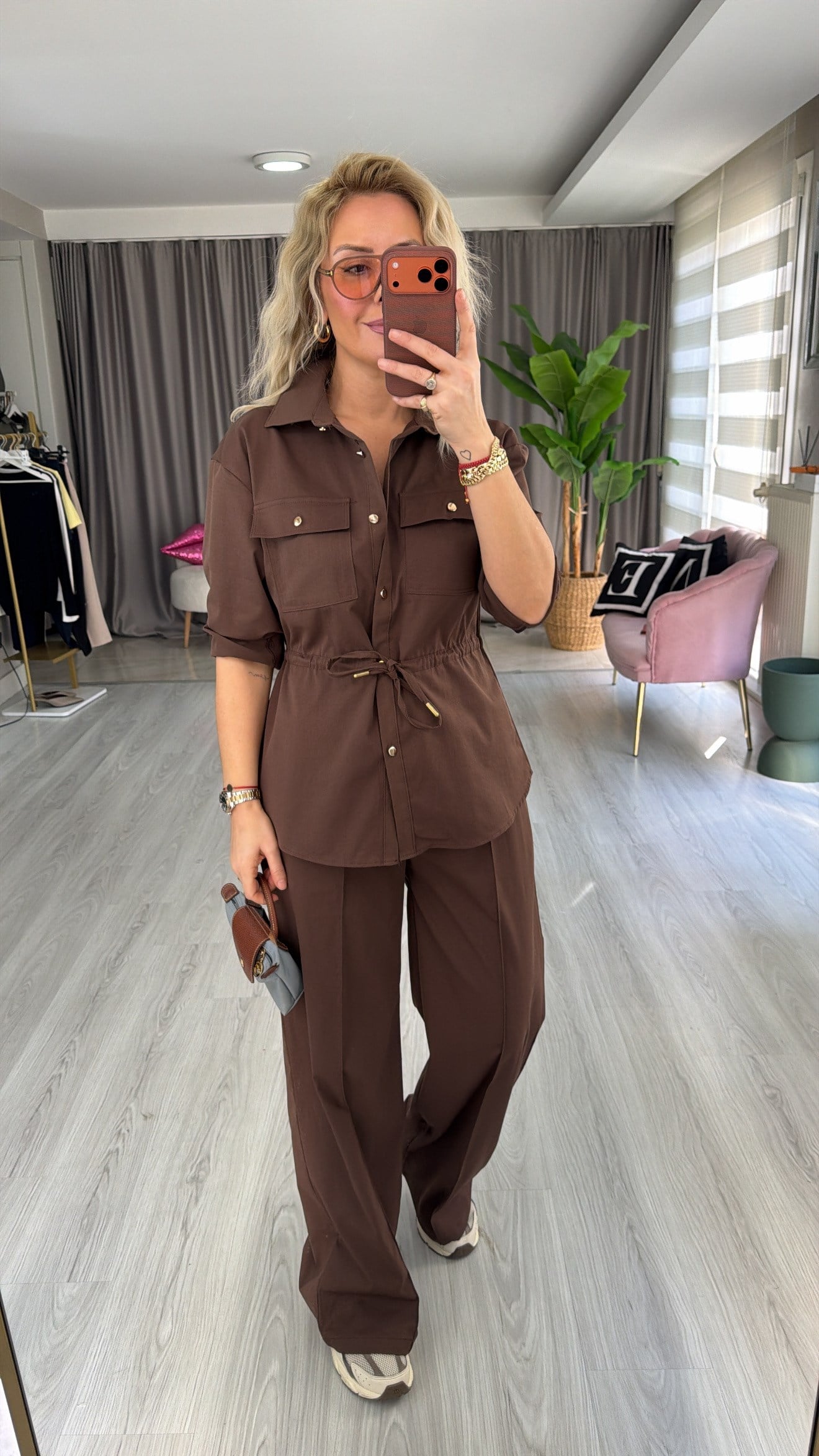 Gold Düğmeli Beli Ayarlanabilir Tencel Kahverengi Takım