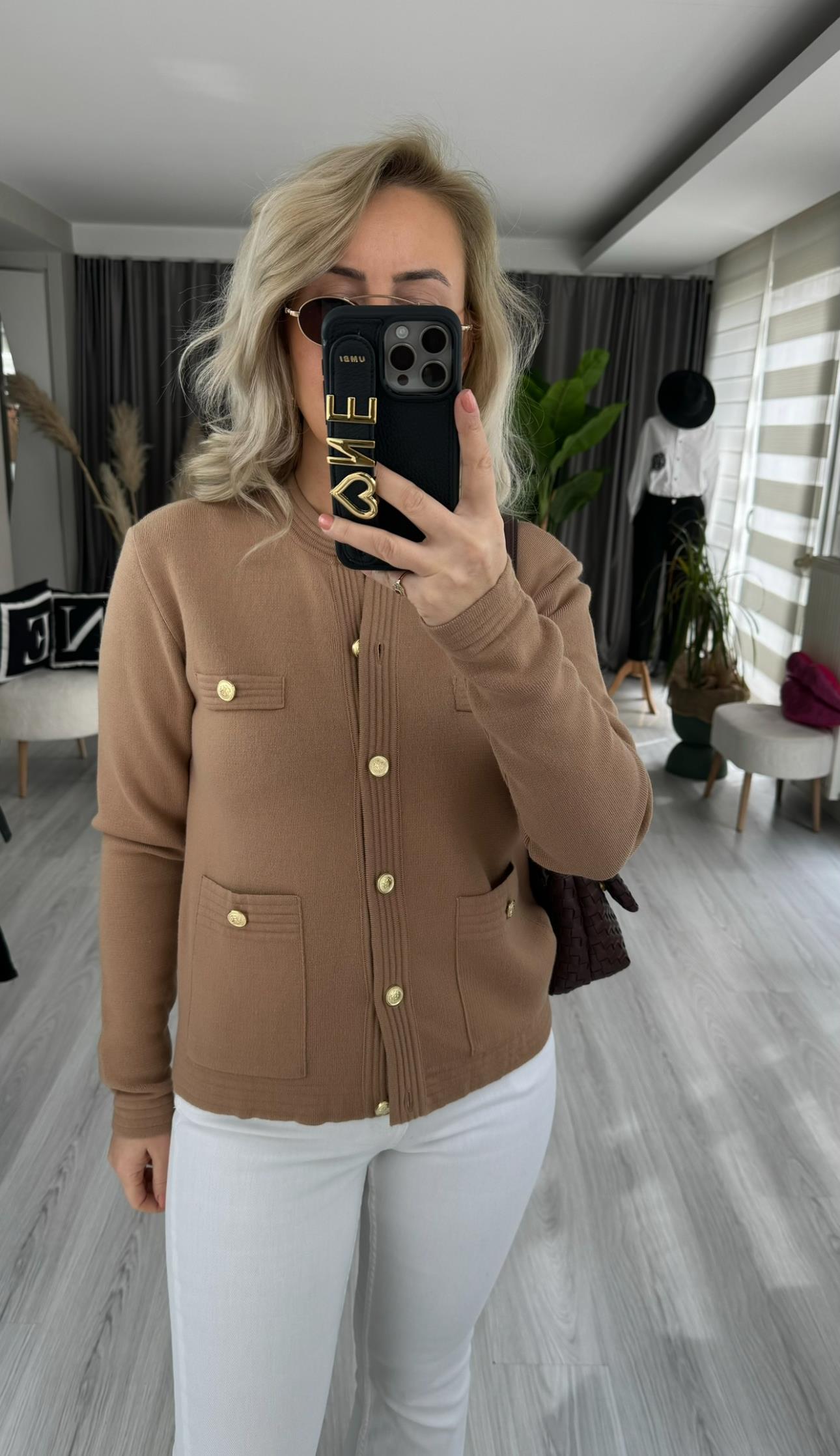 GOLD DÜĞMELİ CAMEL TRİKO CEKET