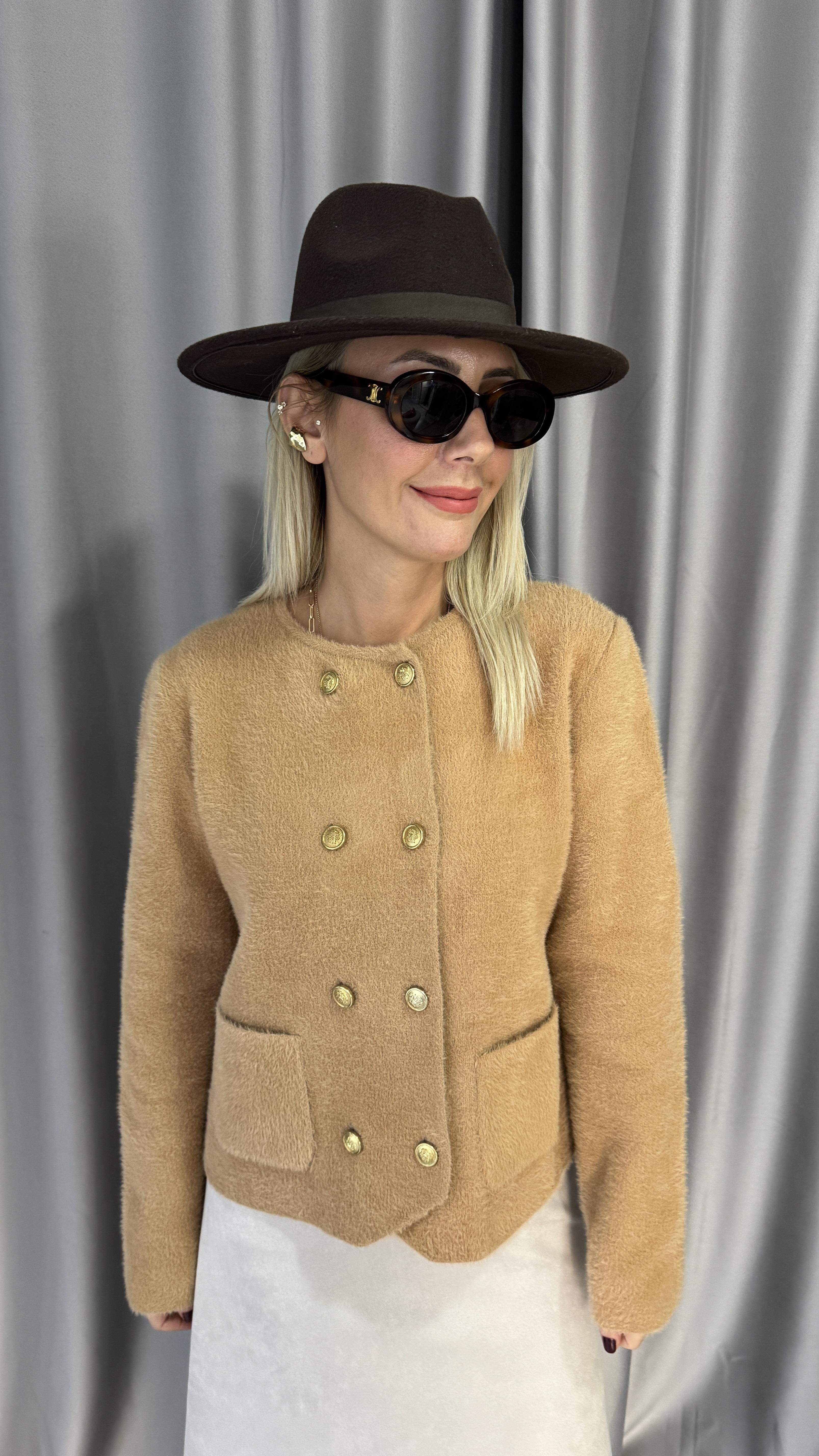 Gold Düğmeli Cepli Camel Triko Ceket