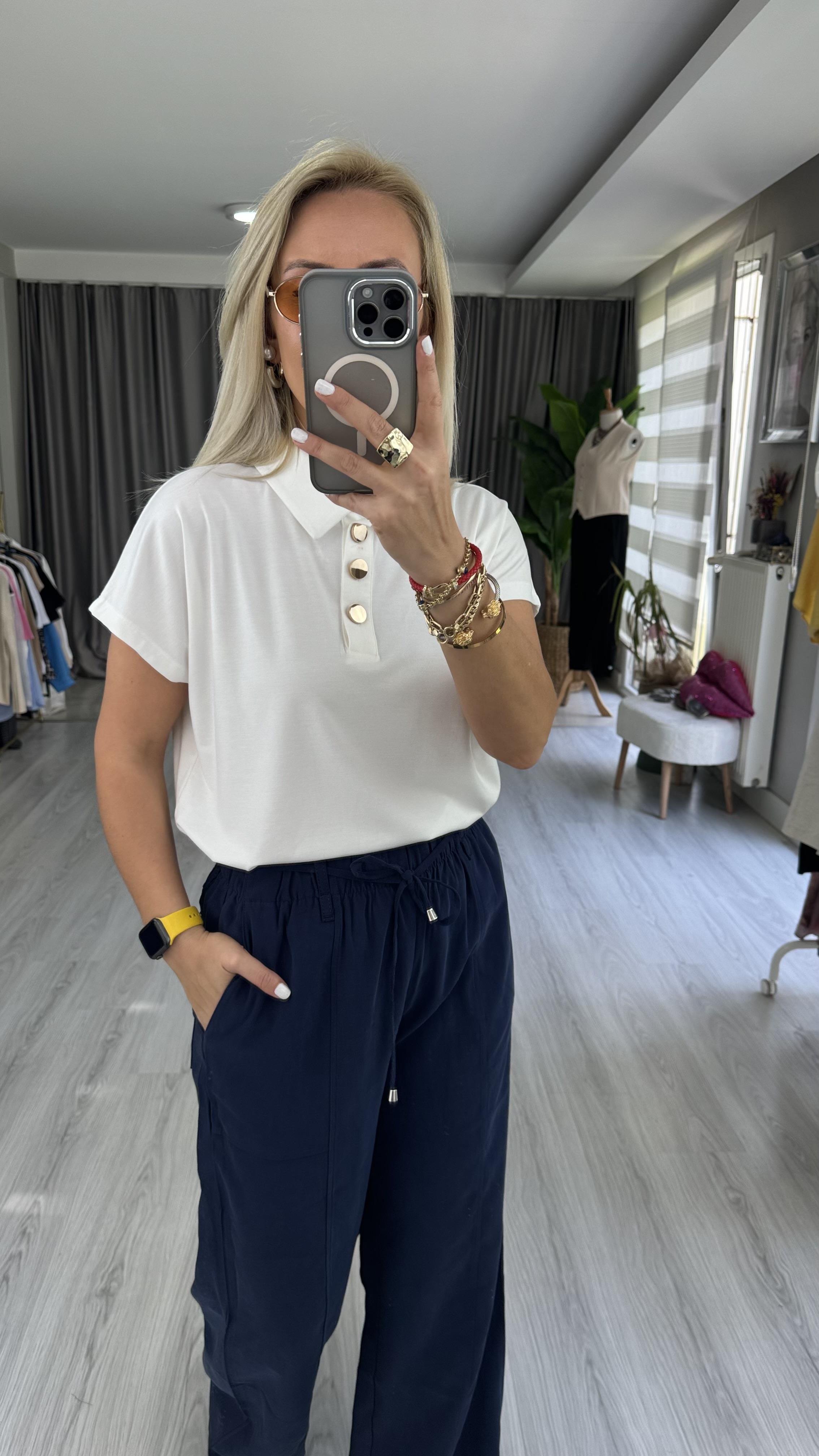 GOLD DÜĞMELİ MODAL EKRU BLUZ