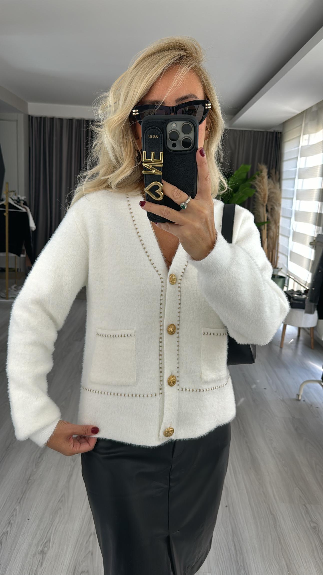 Premium Gold Düğmeli Sim Biyeli Ekru Triko Ceket