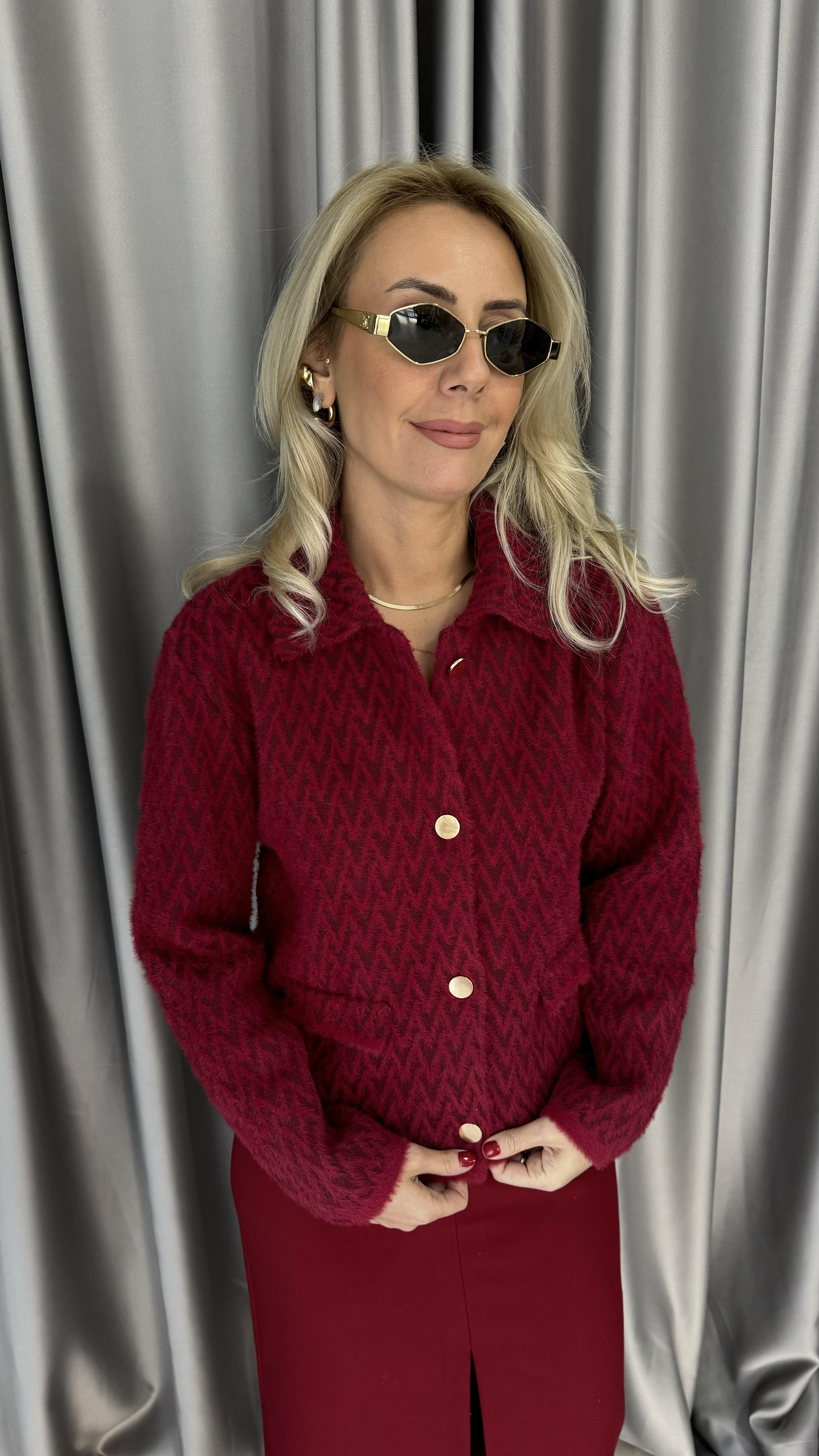 Gold Düğmeli ZigZag Desen Bordo Triko Ceket