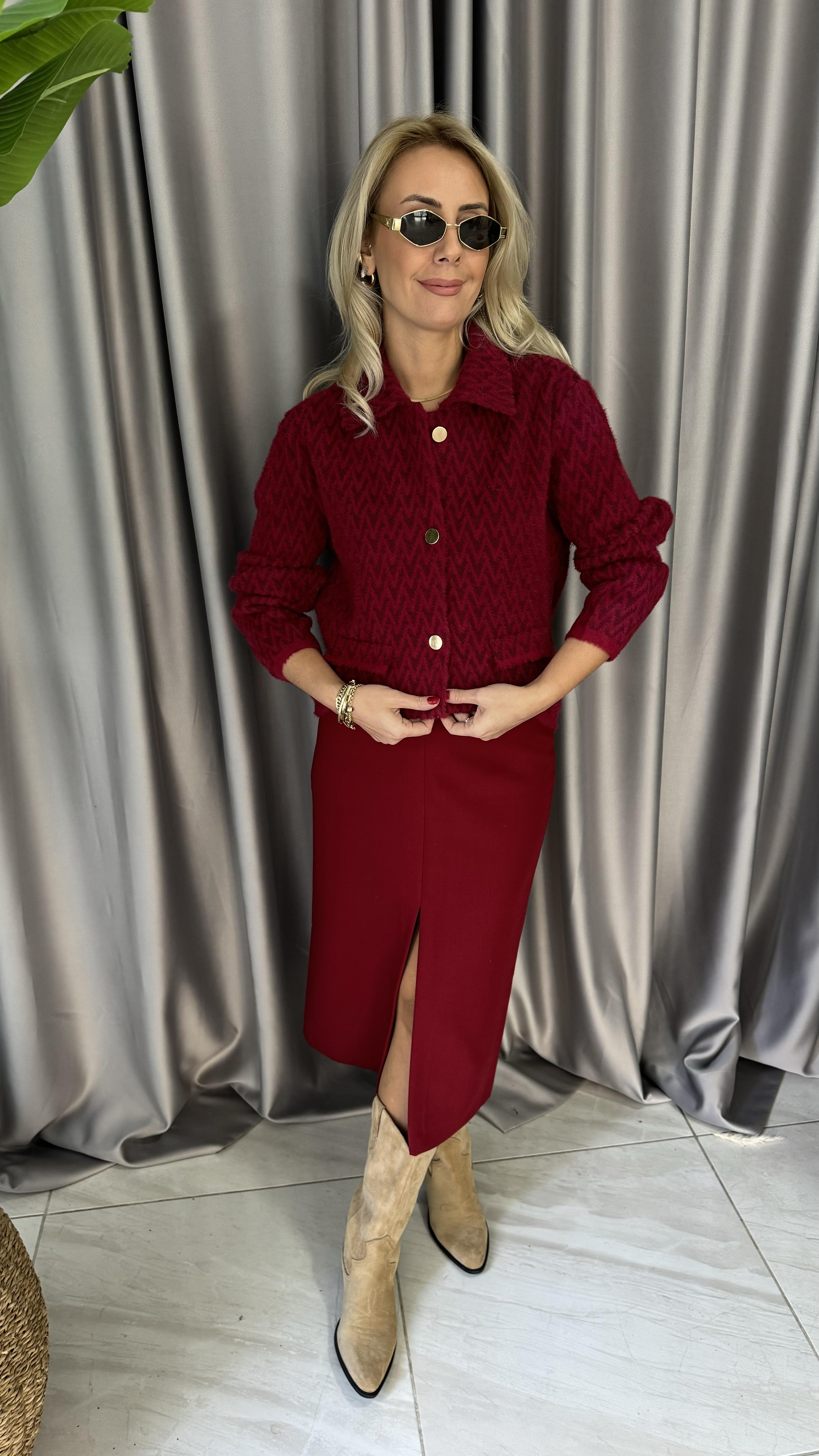 Gold Düğmeli ZigZag Desen Bordo Triko Ceket