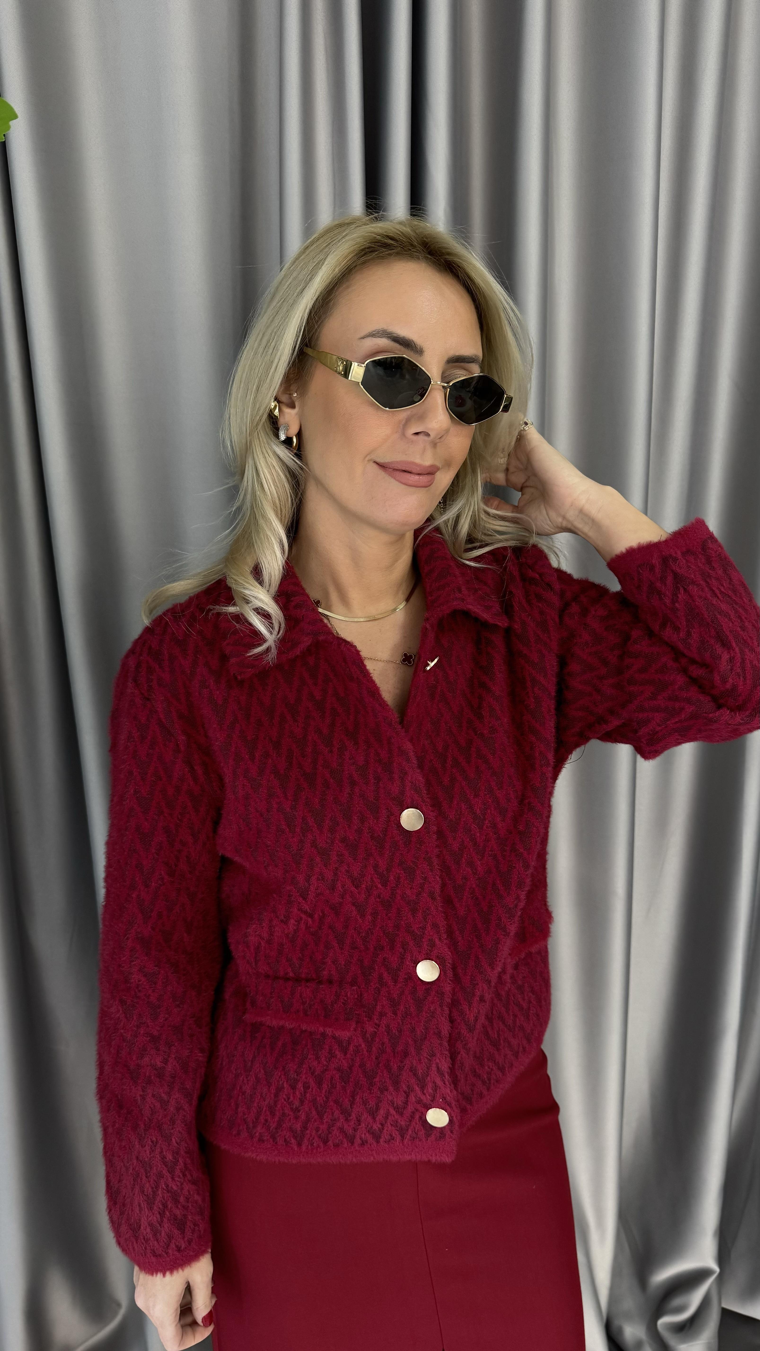 Gold Düğmeli ZigZag Desen Bordo Triko Ceket