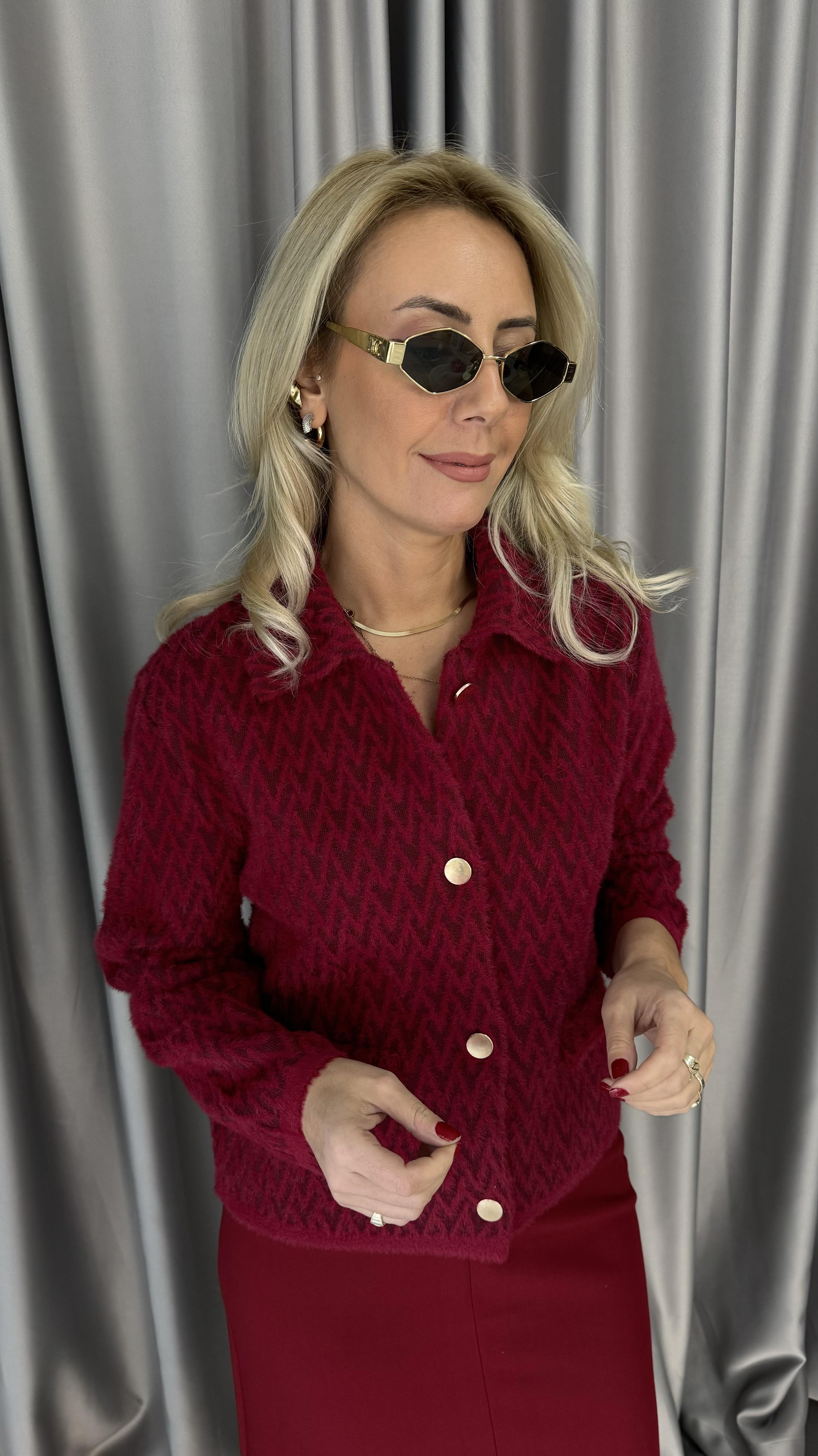 Gold Düğmeli ZigZag Desen Bordo Triko Ceket