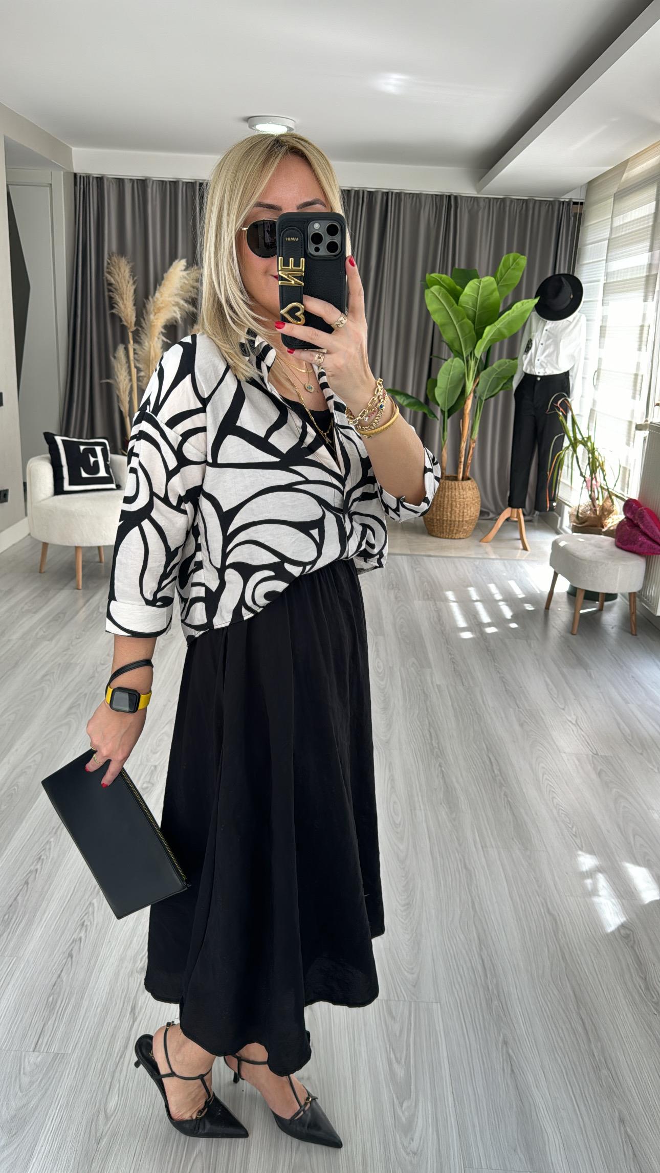 GÖMLEK DETAYLI SİYAH TENCEL ELBİSE