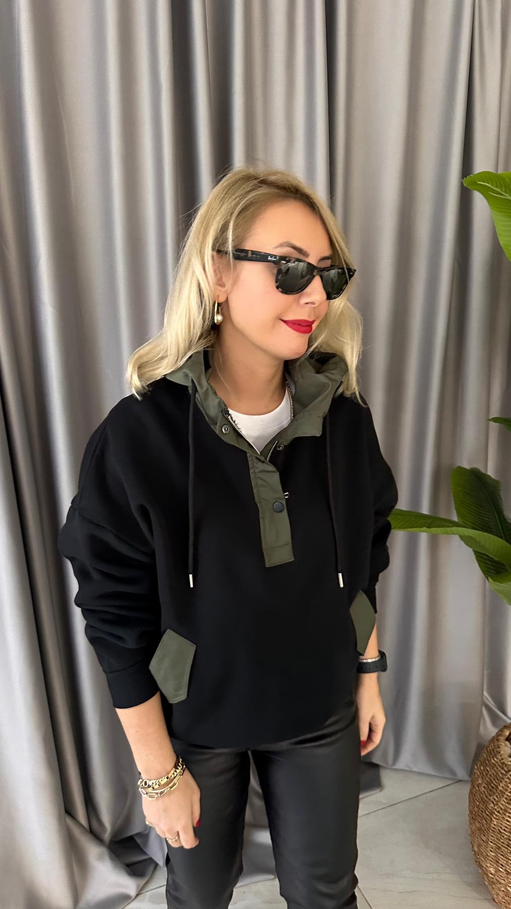 HAKİ SİYAH CEP DETAYLI SWEAT