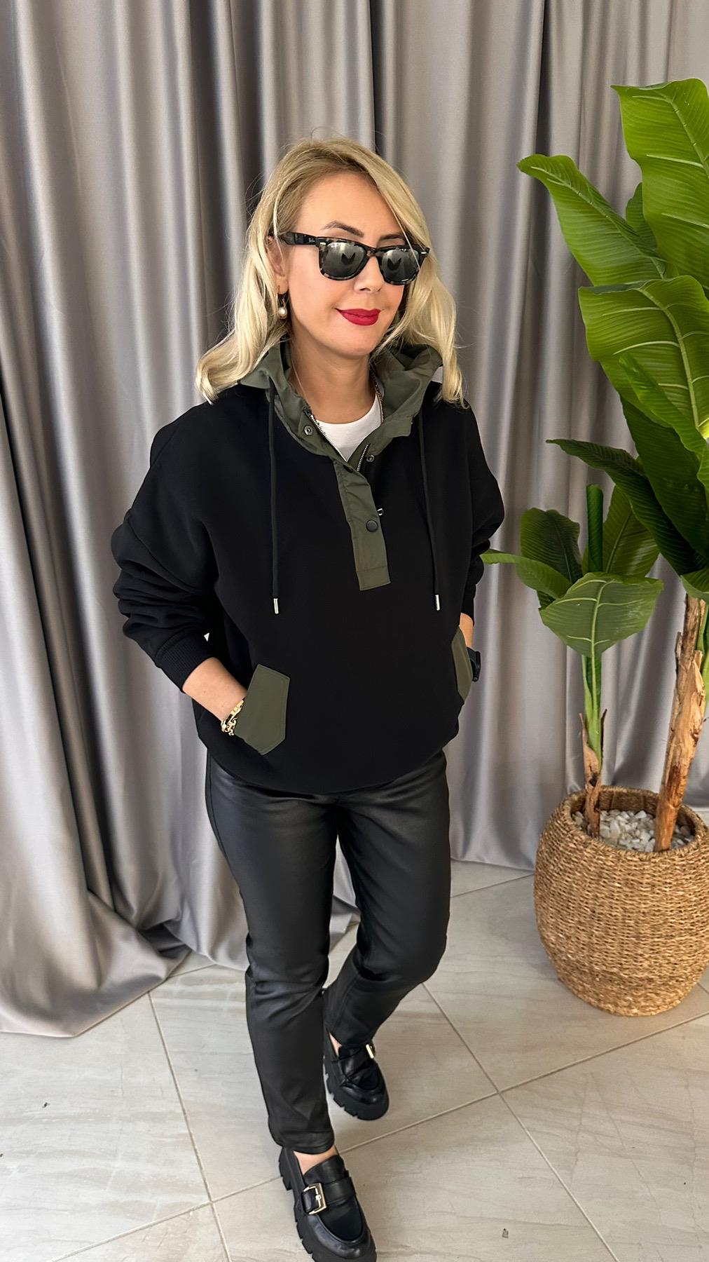 HAKİ SİYAH CEP DETAYLI SWEAT