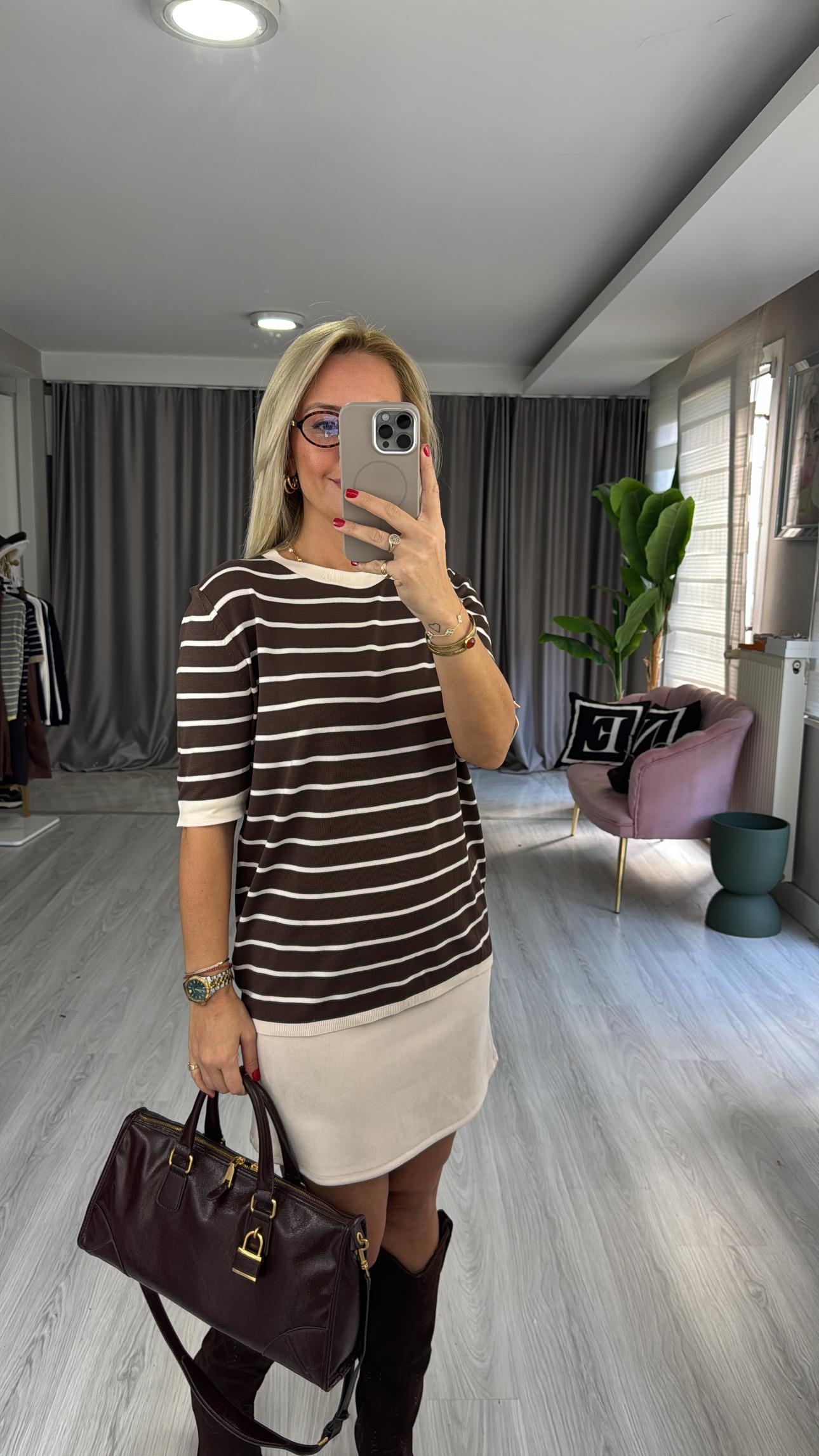 İpek Dokuda Yarım Kol Bej Çizgili Kahverengi Merserize Triko