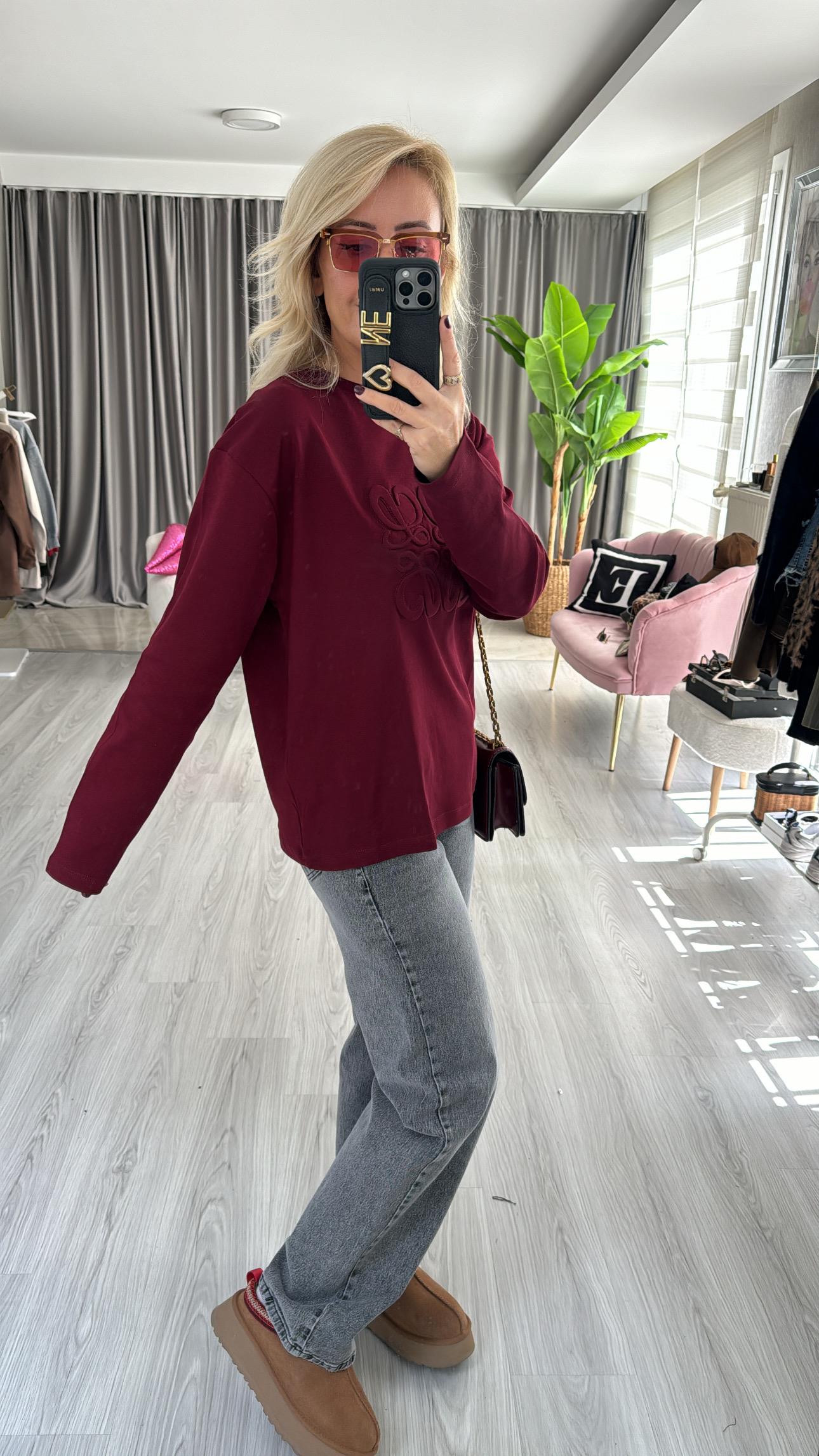 Kabartma Logolu Bordo Sweatshirt