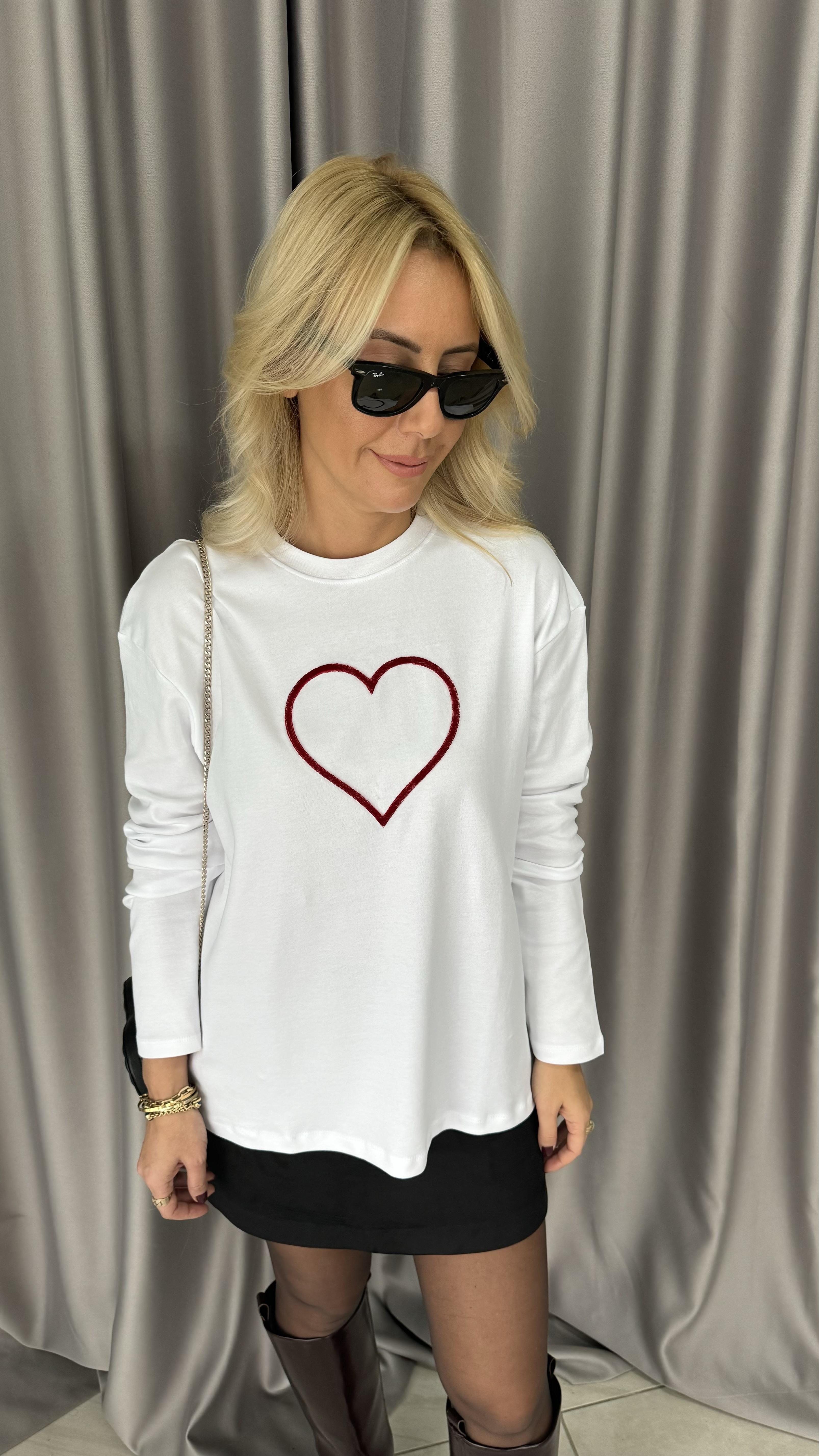 Kadife Kalp Baskılı Beyaz Sweatshirt