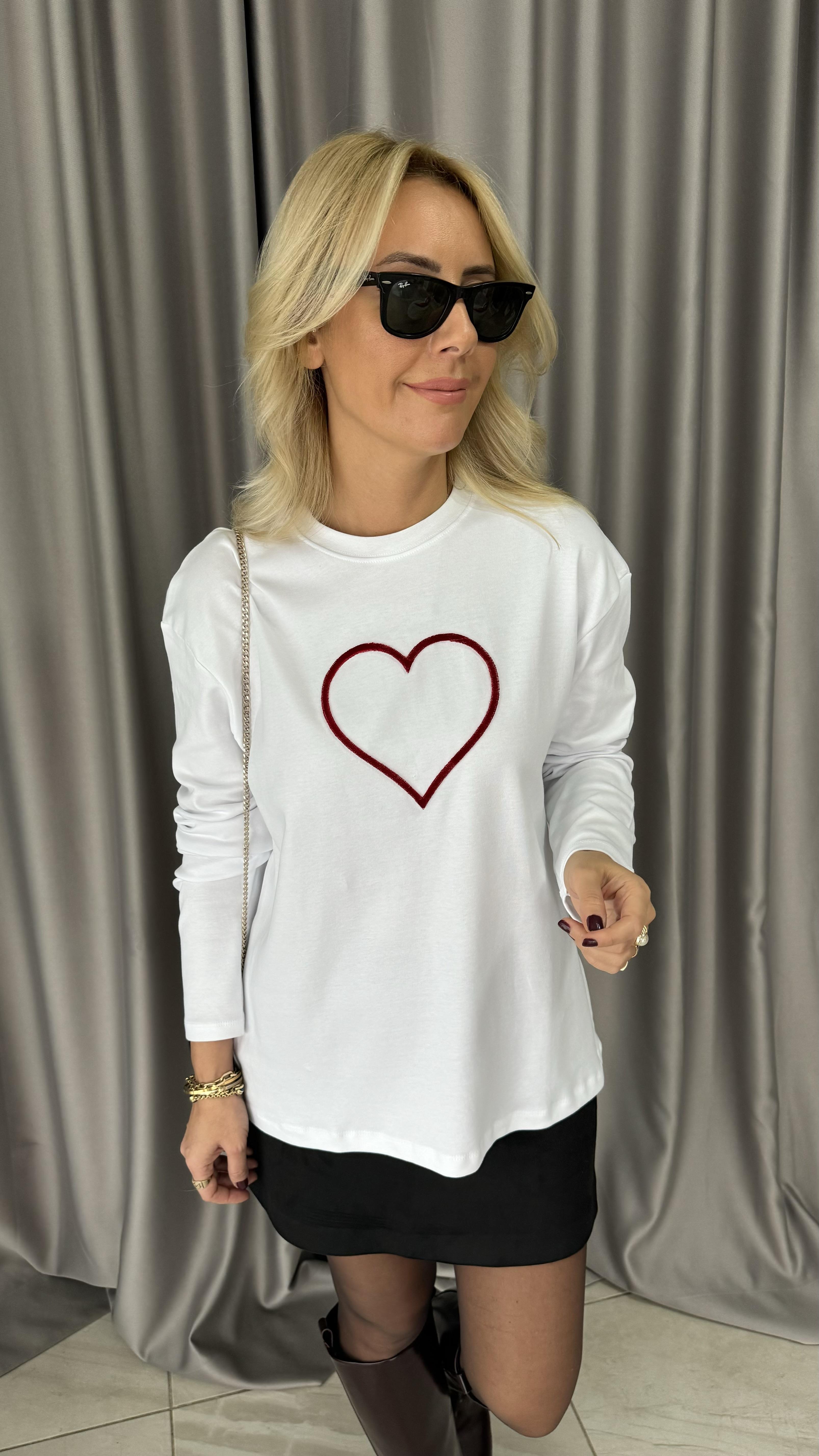 Kadife Kalp Baskılı Beyaz Sweatshirt