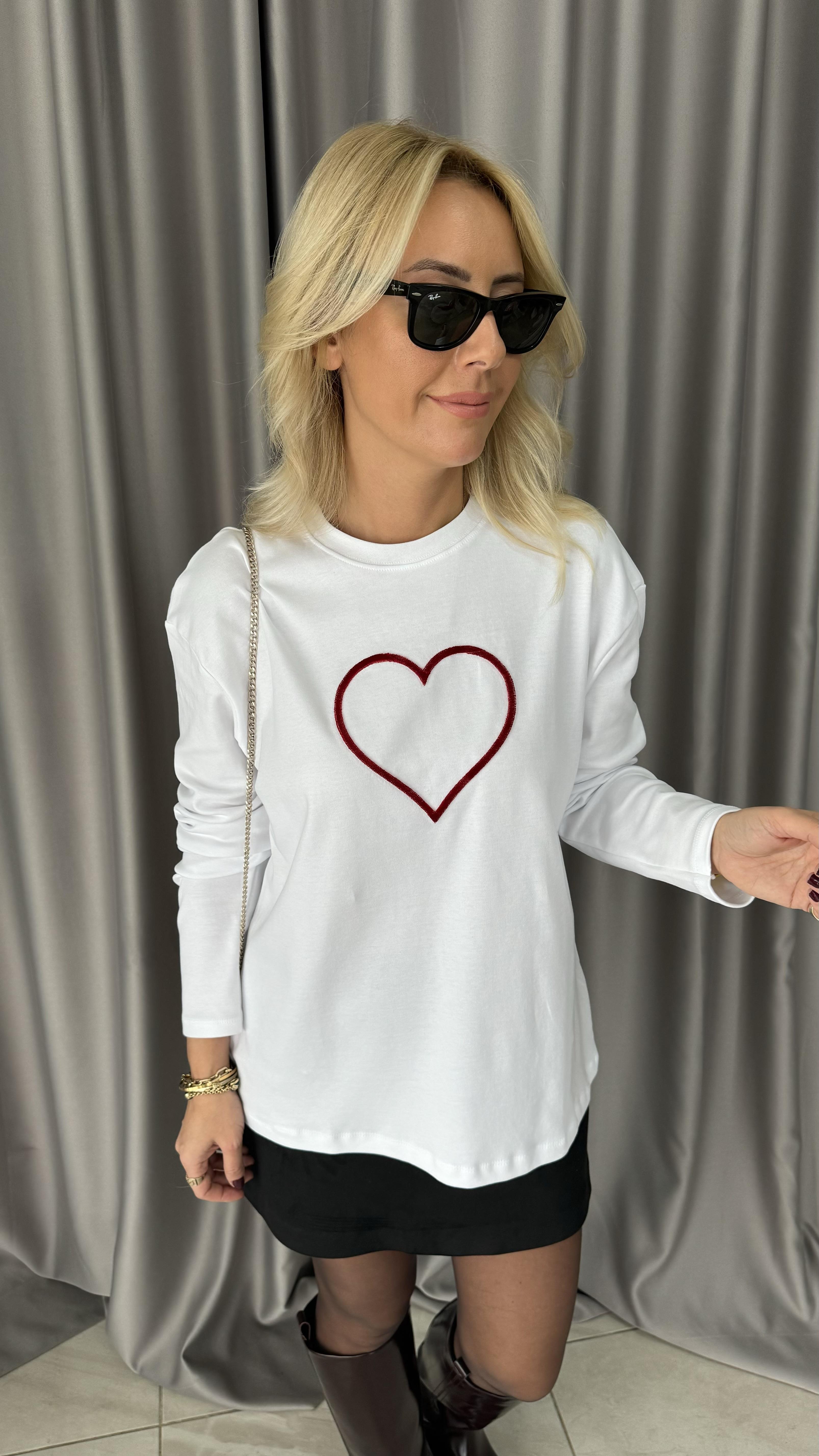 Kadife Kalp Baskılı Beyaz Sweatshirt