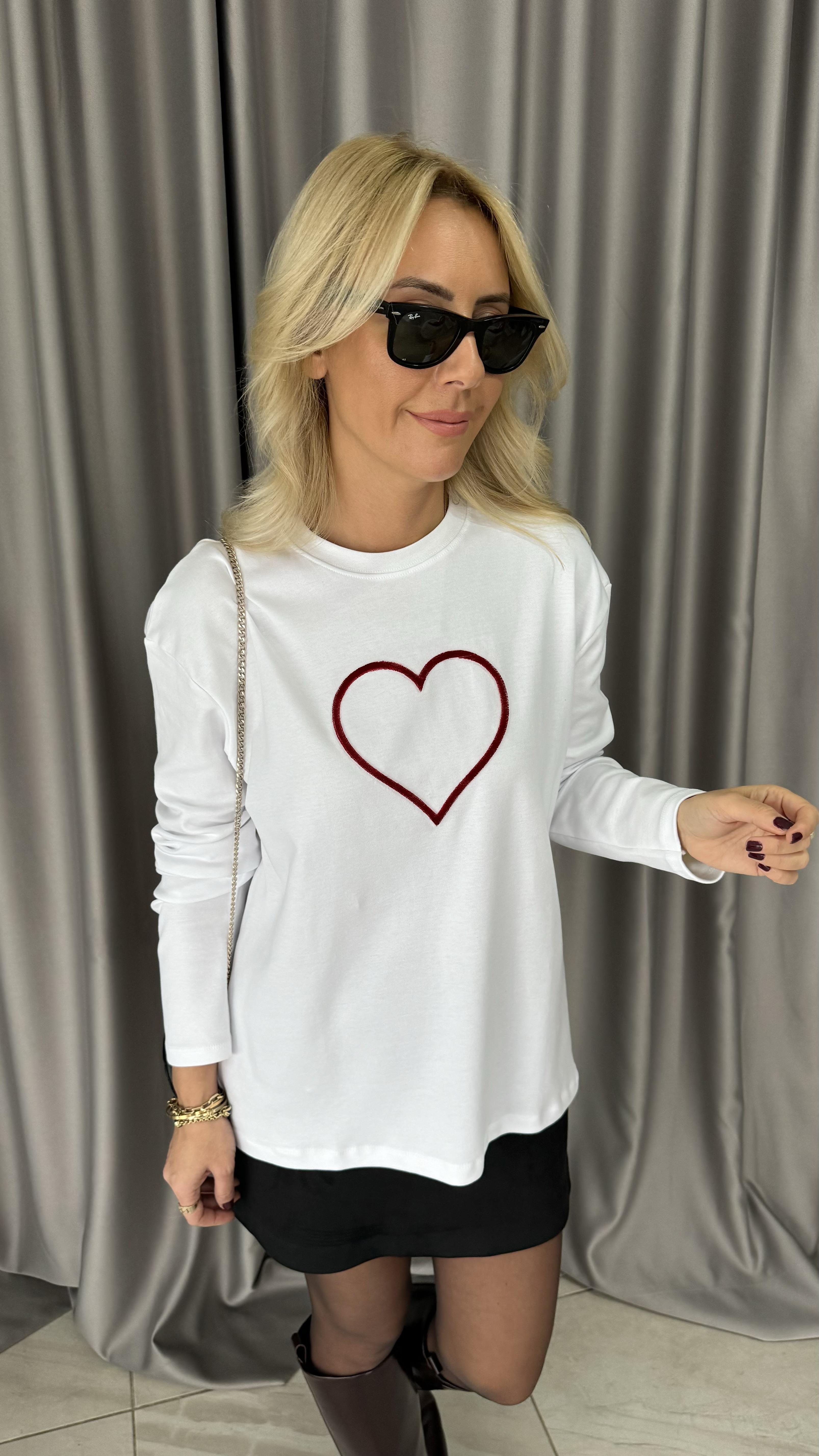 Kadife Kalp Baskılı Beyaz Sweatshirt