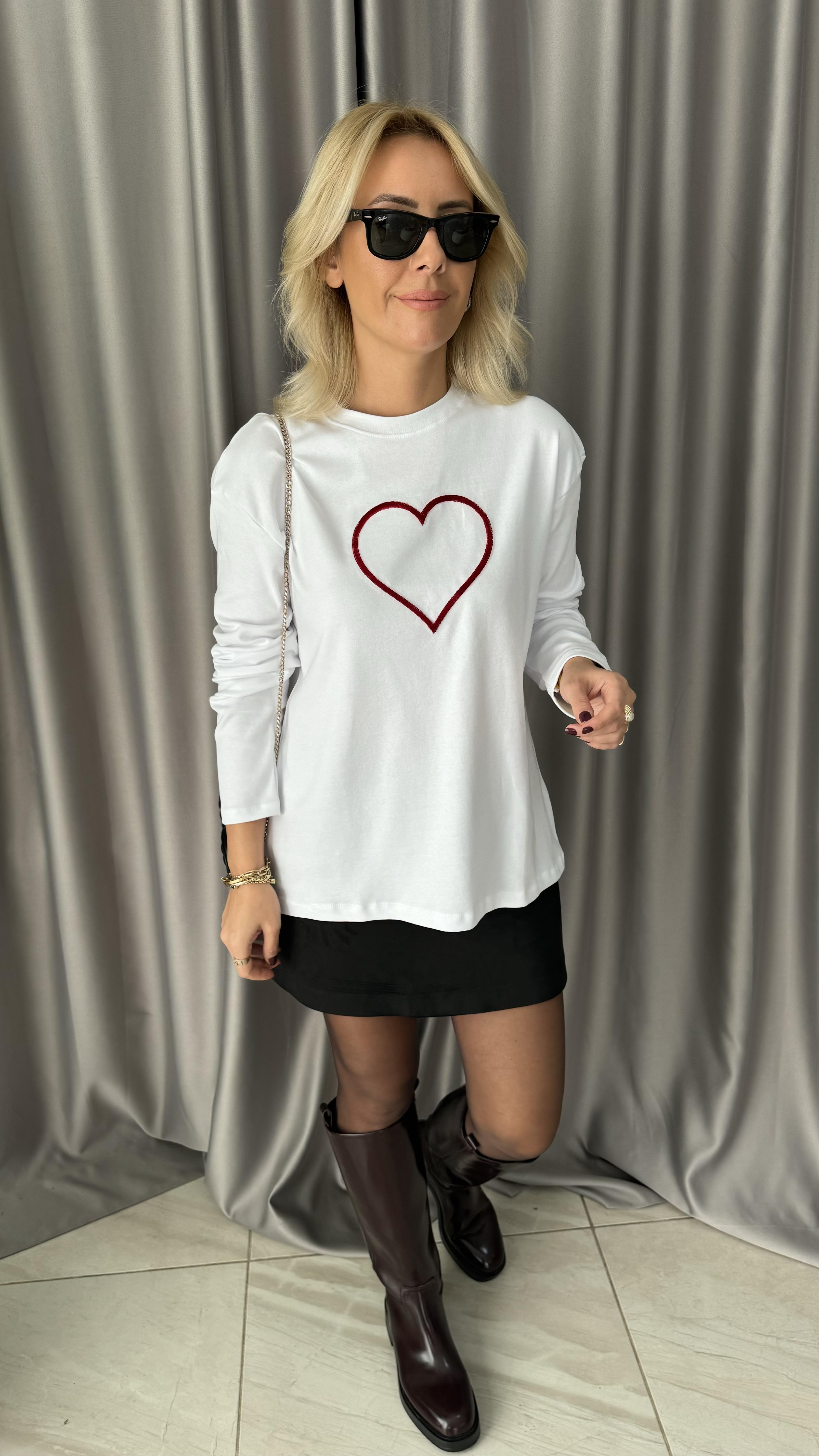 Kadife Kalp Baskılı Beyaz Sweatshirt