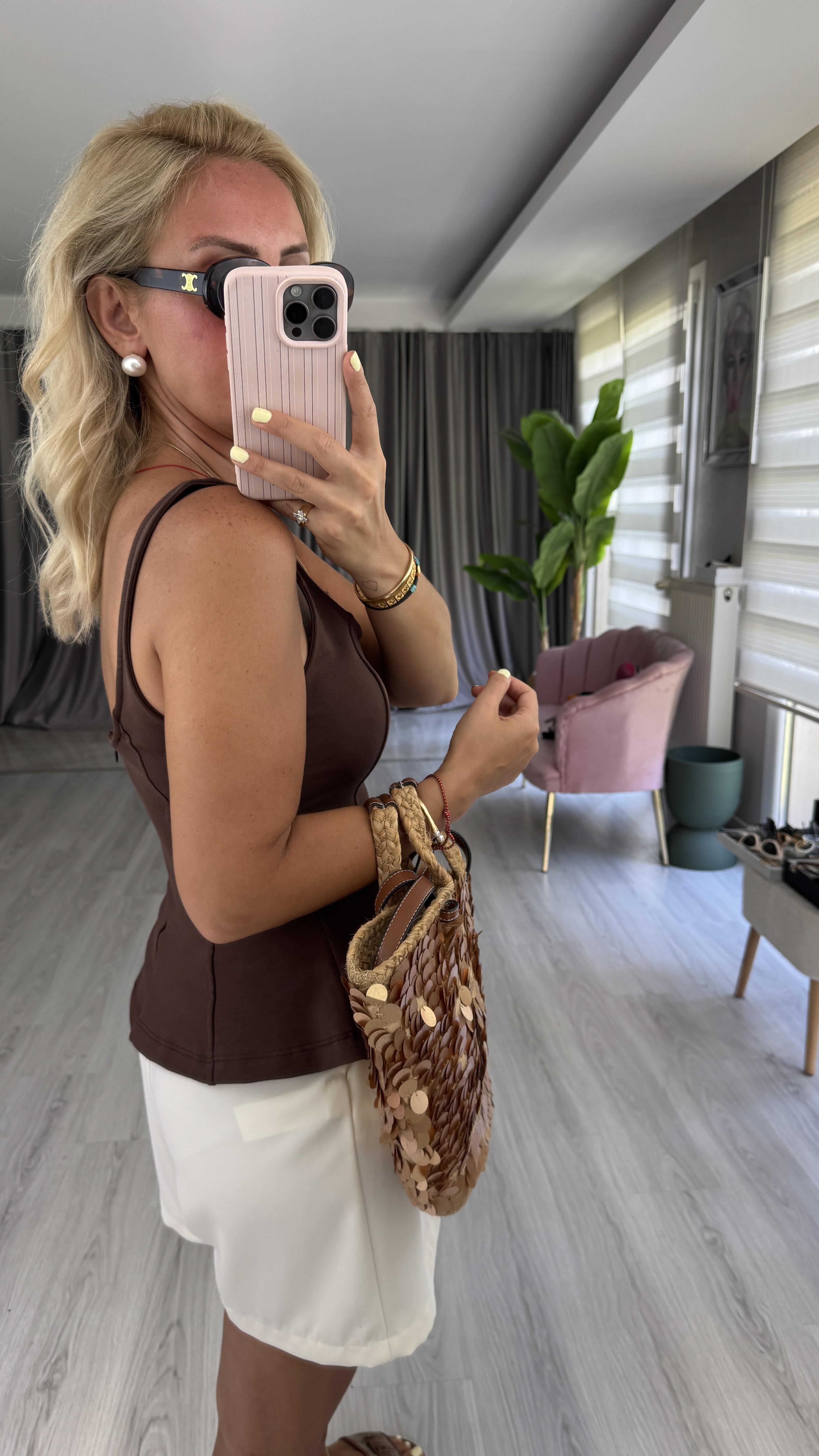 Kalın Askılı Peplum Açık Kahve Dilvin Bluz