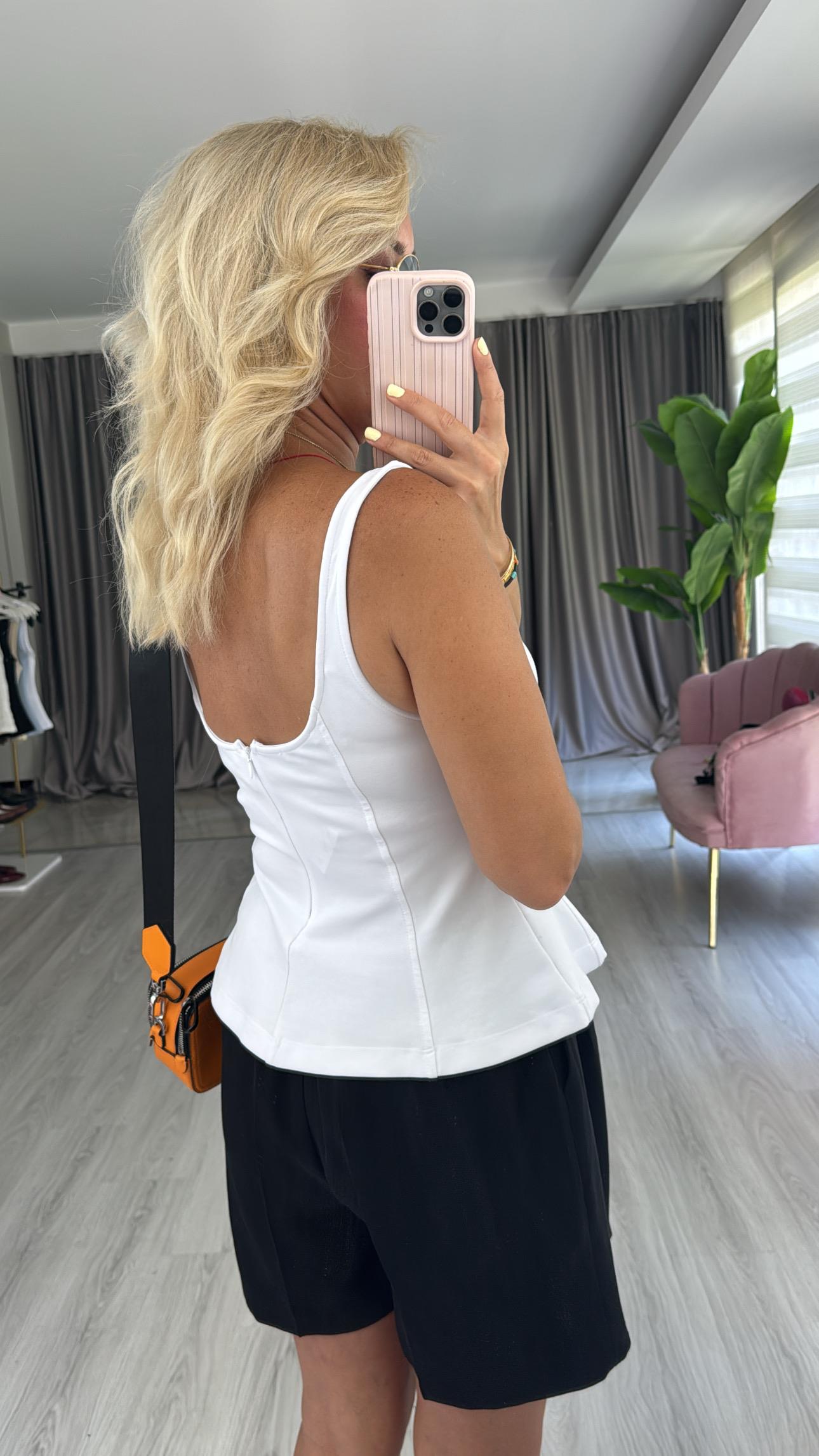 Kalın Askılı Peplum Beyaz Dilvin Bluz