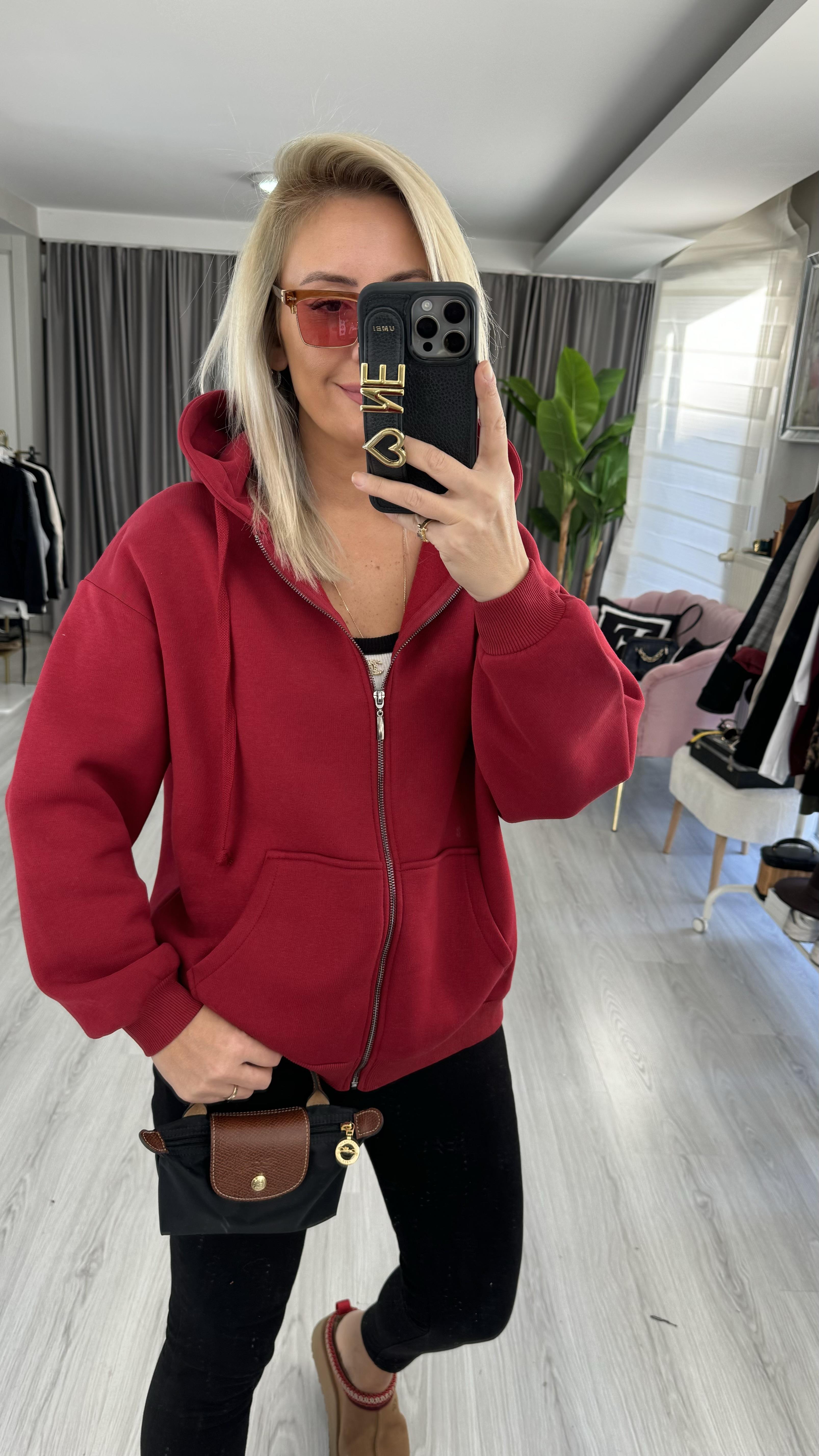 Kapişonlu Fermuarlı Üç İplik Bordo Sweatshirt