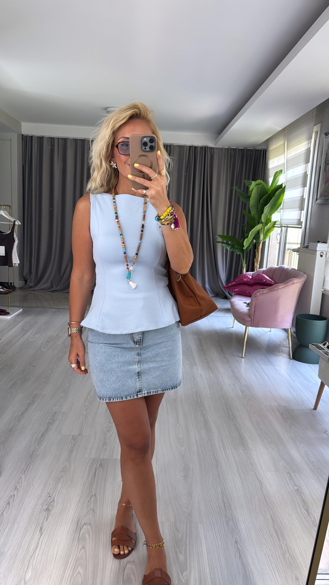Kayık Yaka Peplum Mavi Dilvin Bluz