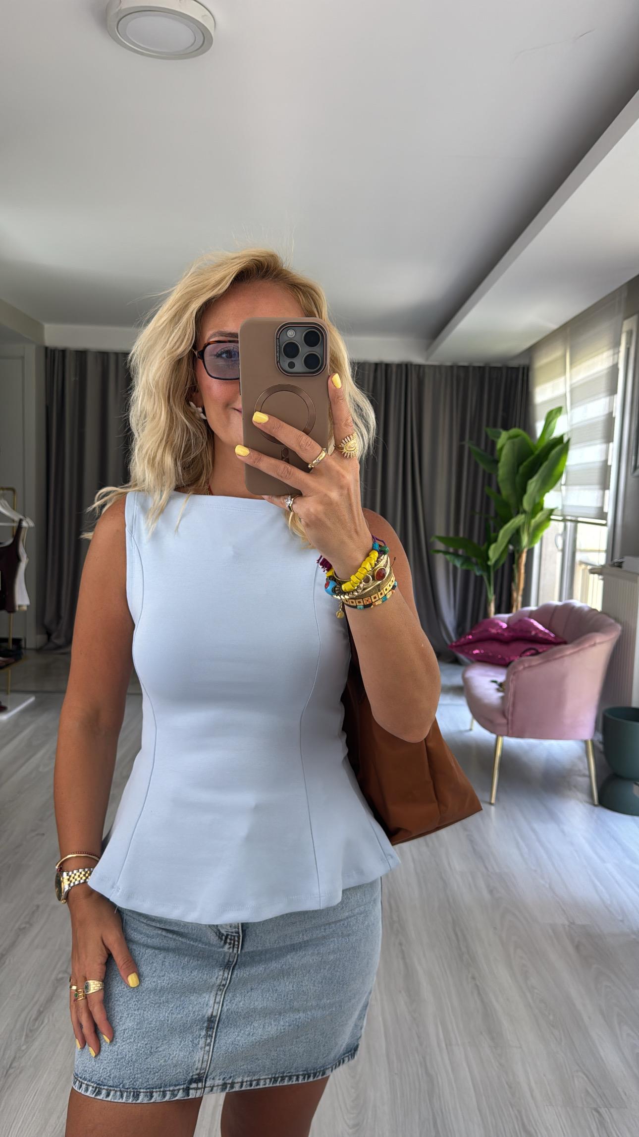 Kayık Yaka Peplum Mavi Dilvin Bluz