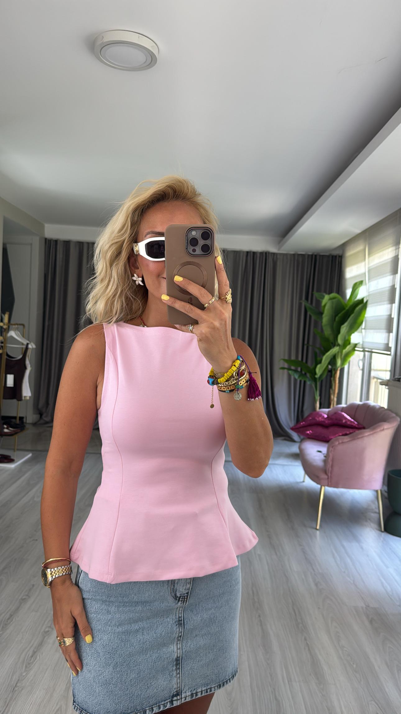 Kayık Yaka Peplum Toz Pembe Dilvin Bluz
