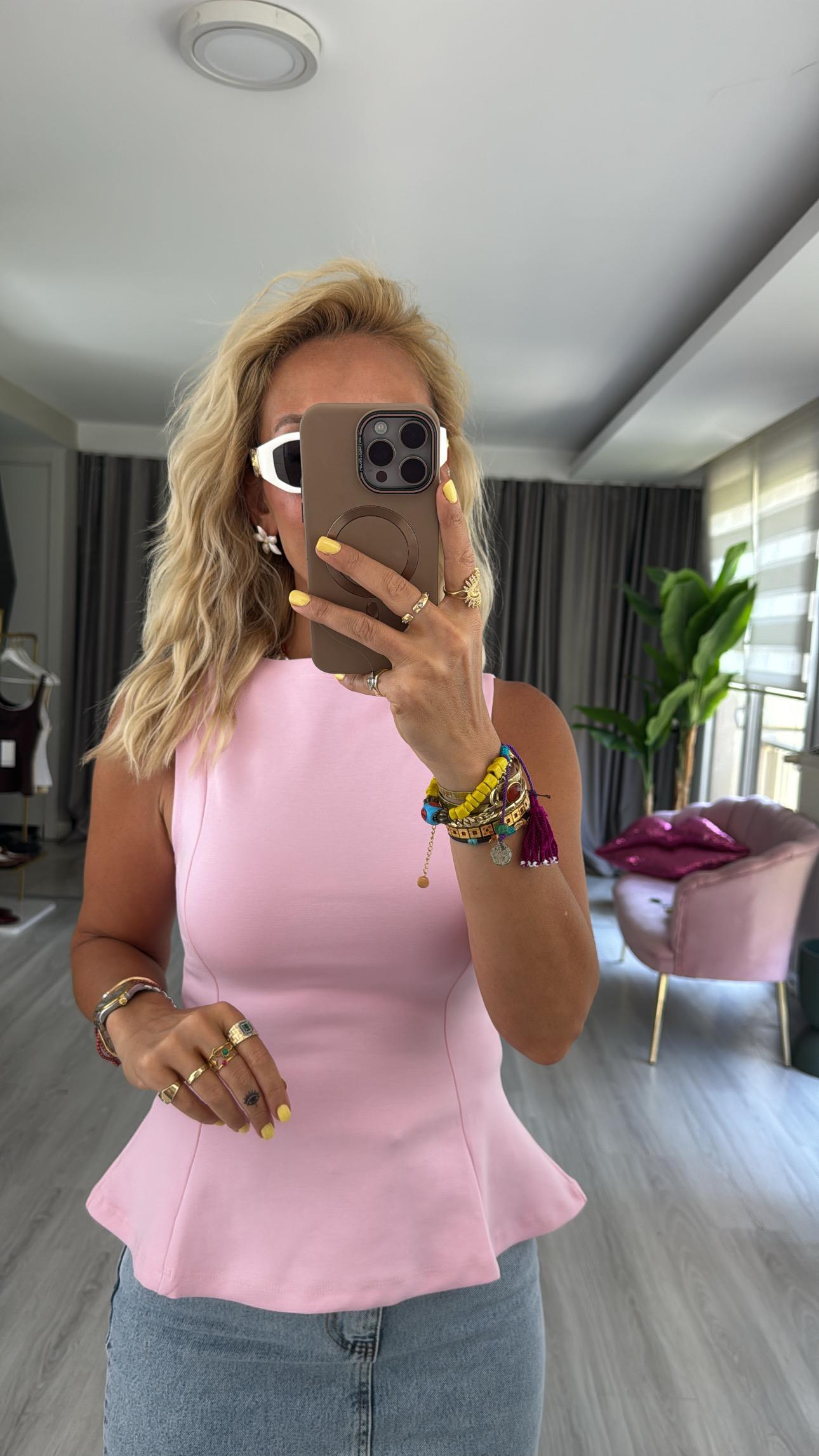 Kayık Yaka Peplum Toz Pembe Dilvin Bluz