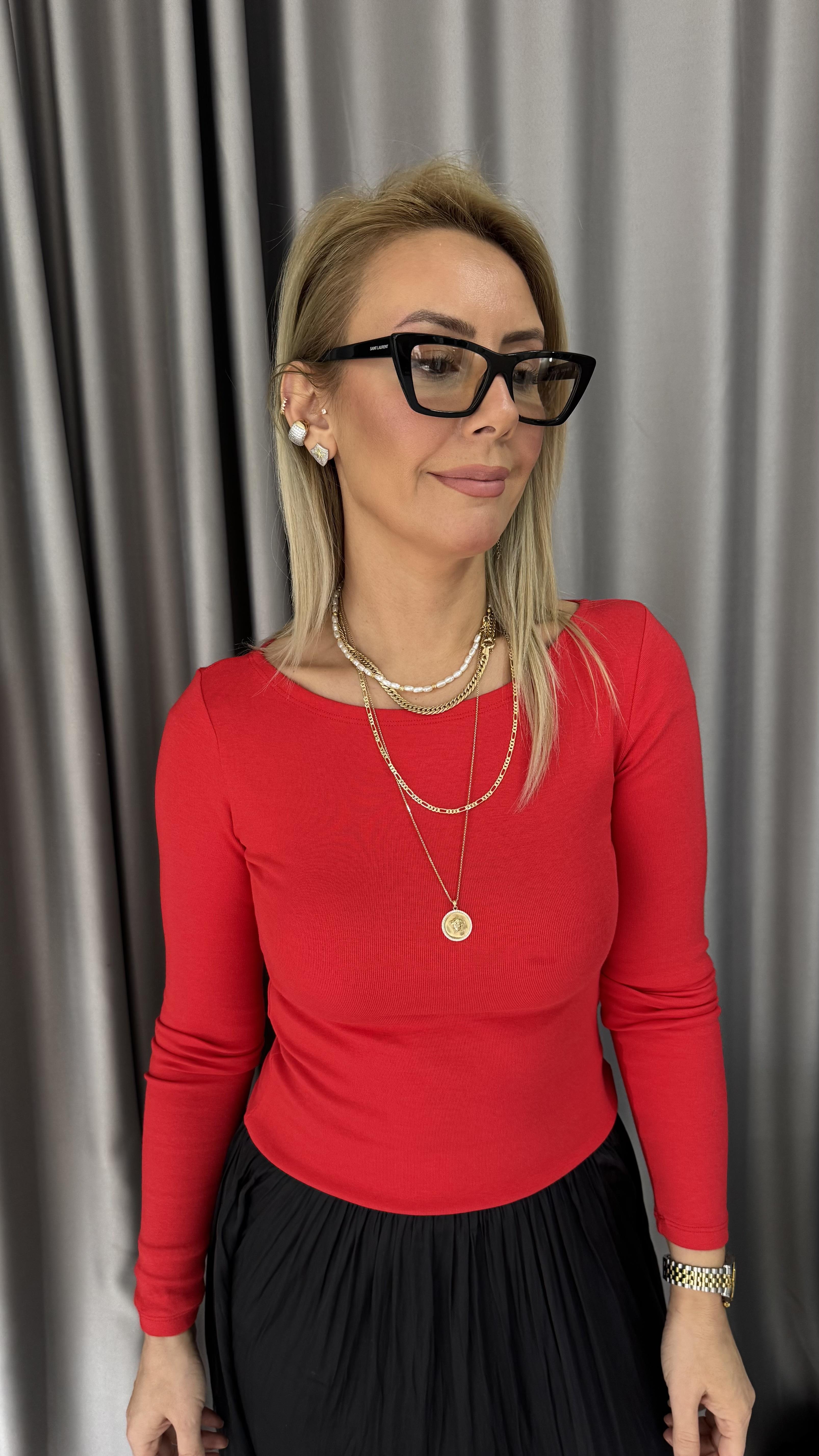 Kayık Yaka Uzun Kollu Kırmızı Body