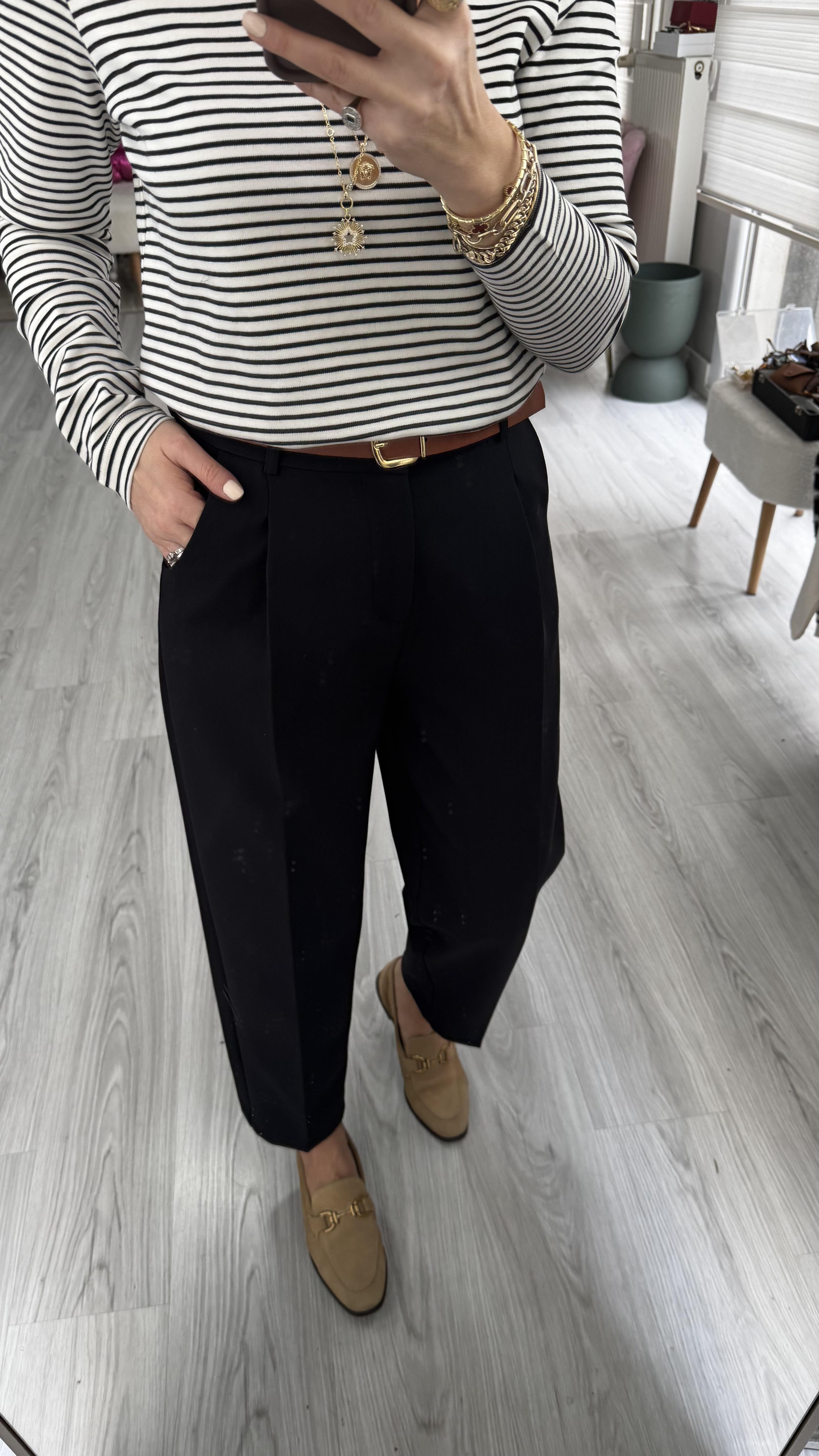 Kemerli Likralı Krep Kumaş Premium Siyah Pantolon