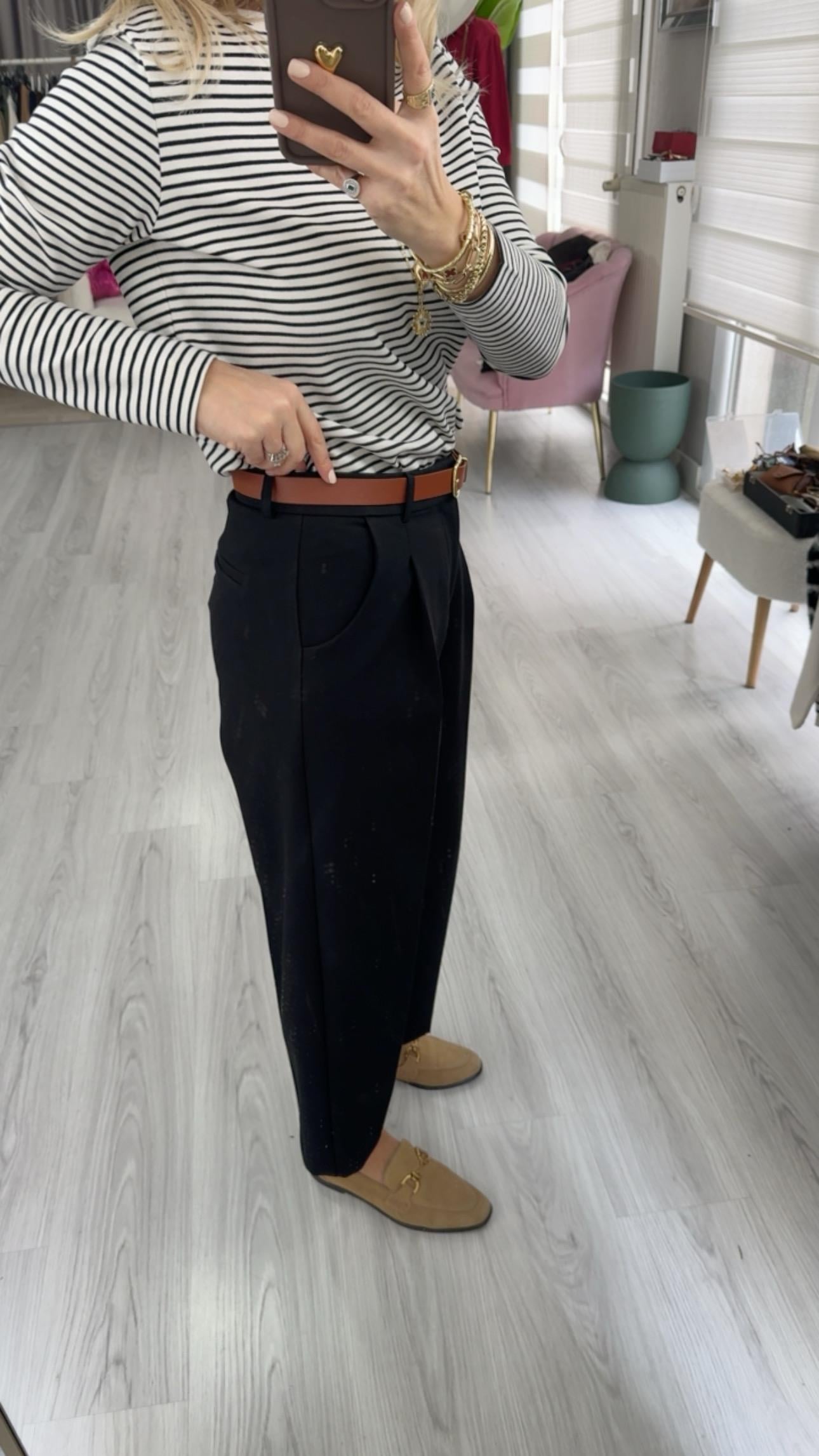 Kemerli Likralı Krep Kumaş Premium Siyah Pantolon