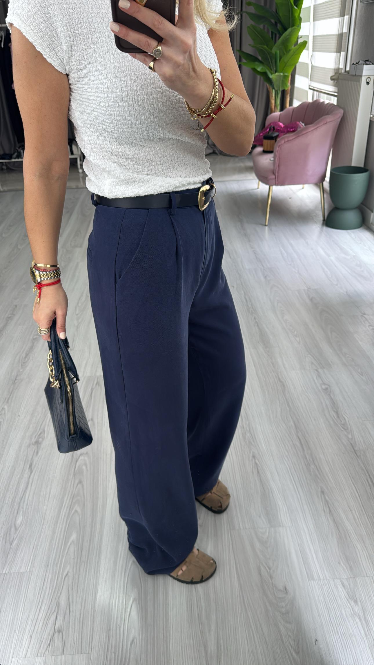 Kemerli Tencel Kumaş Lacivert Pantolon