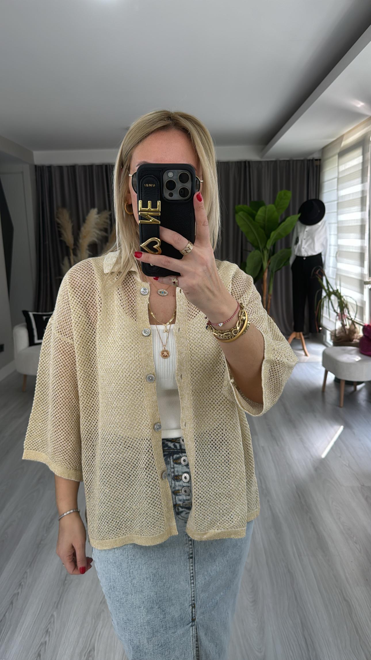 KEMİK GOLD SİMLİ, AJURLU TRİKO HIRKA