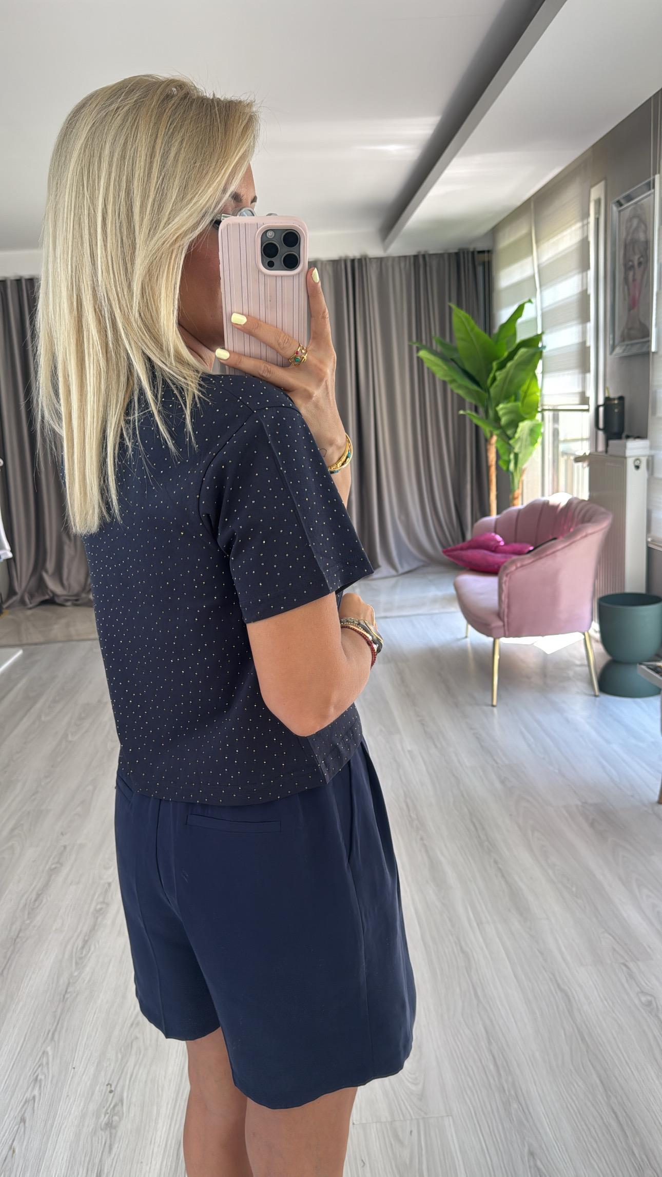 Komple Taşlı Lacivert T-Shirt